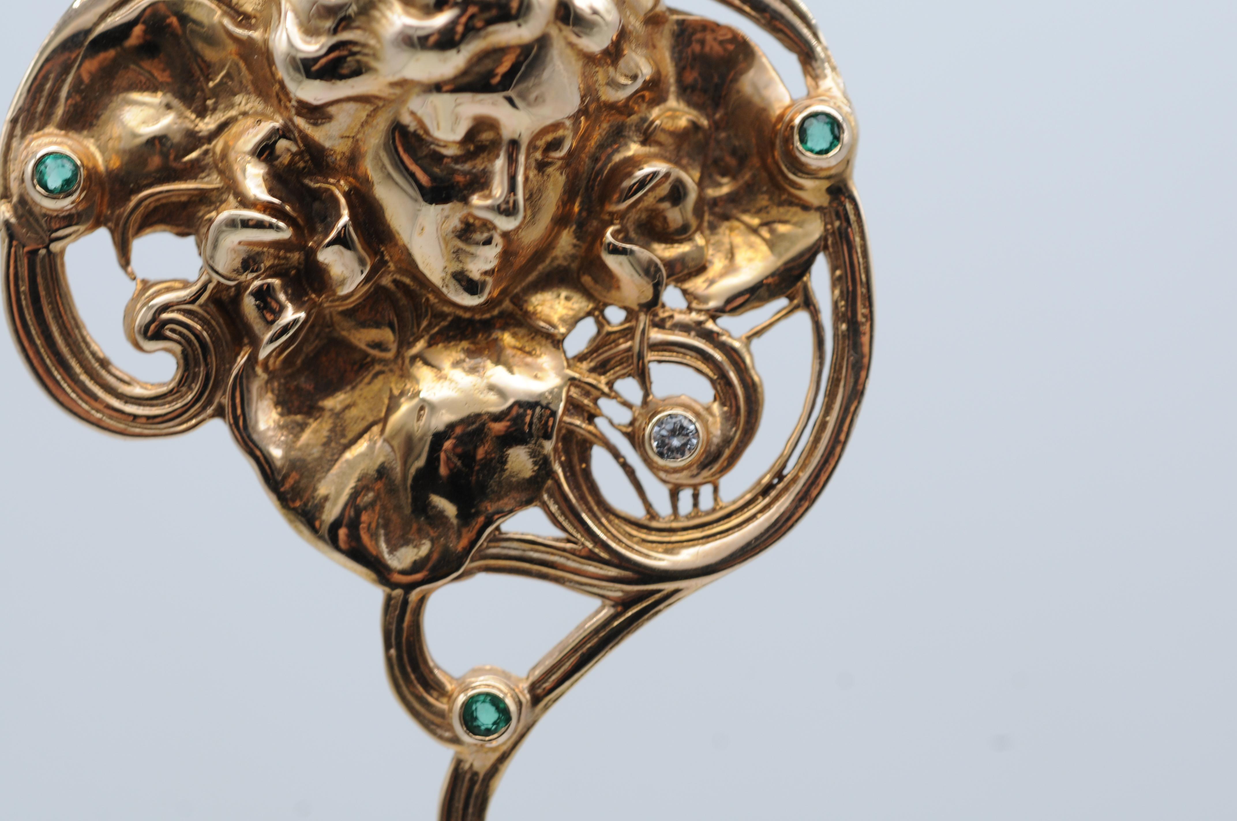 Ciondolo/spilla in stile Art Nouveau con tormalina e perla di diamante in vendita 4