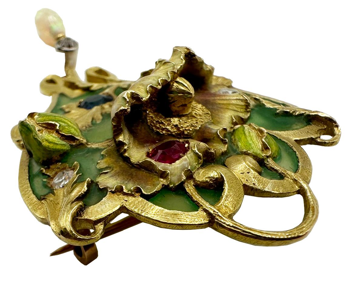 Broche colgante Art Nouveau con motivo de flor de amapola Corte redondo en venta