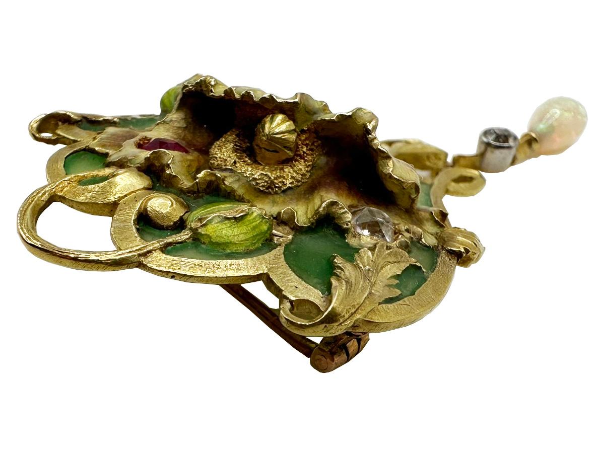 Broche colgante Art Nouveau con motivo de flor de amapola en venta 2
