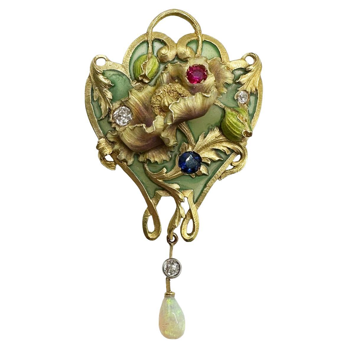 Art Nouveau Pendant Brooch with Poppy Flower Pattern