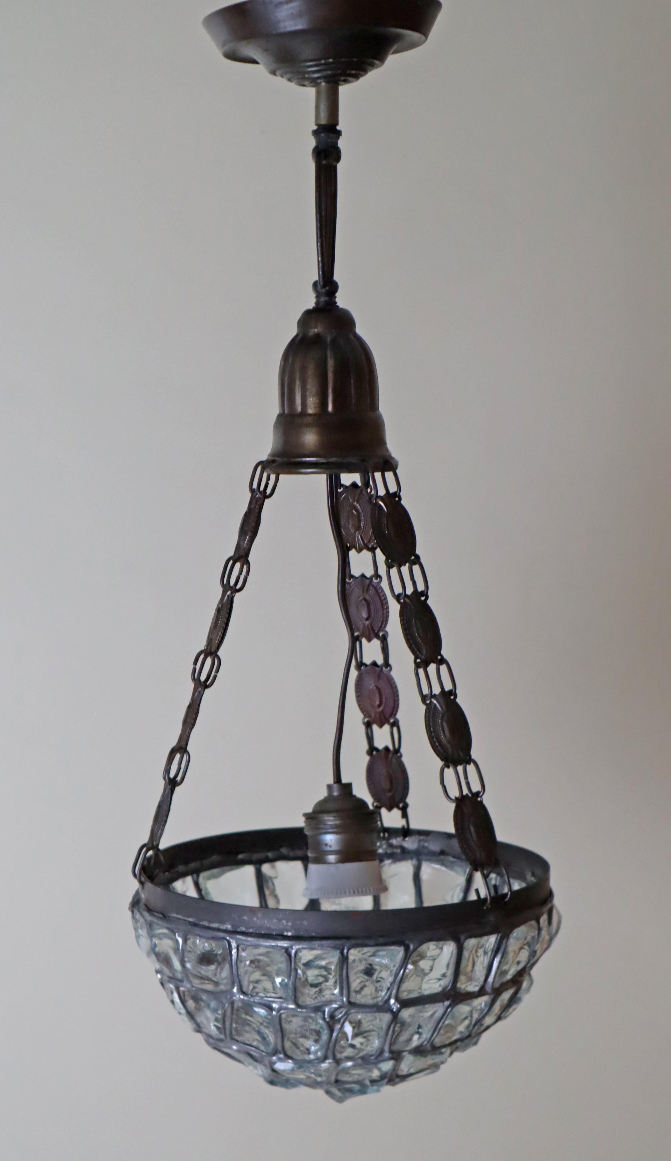 This petite Jugendstil lamp from the Art and Craft movement is a real gem! It was lovingly crafted by hand using beautiful pieces of glass that strongly resemble rock crystal, and then put together by an artist. And because of its petite size, it's