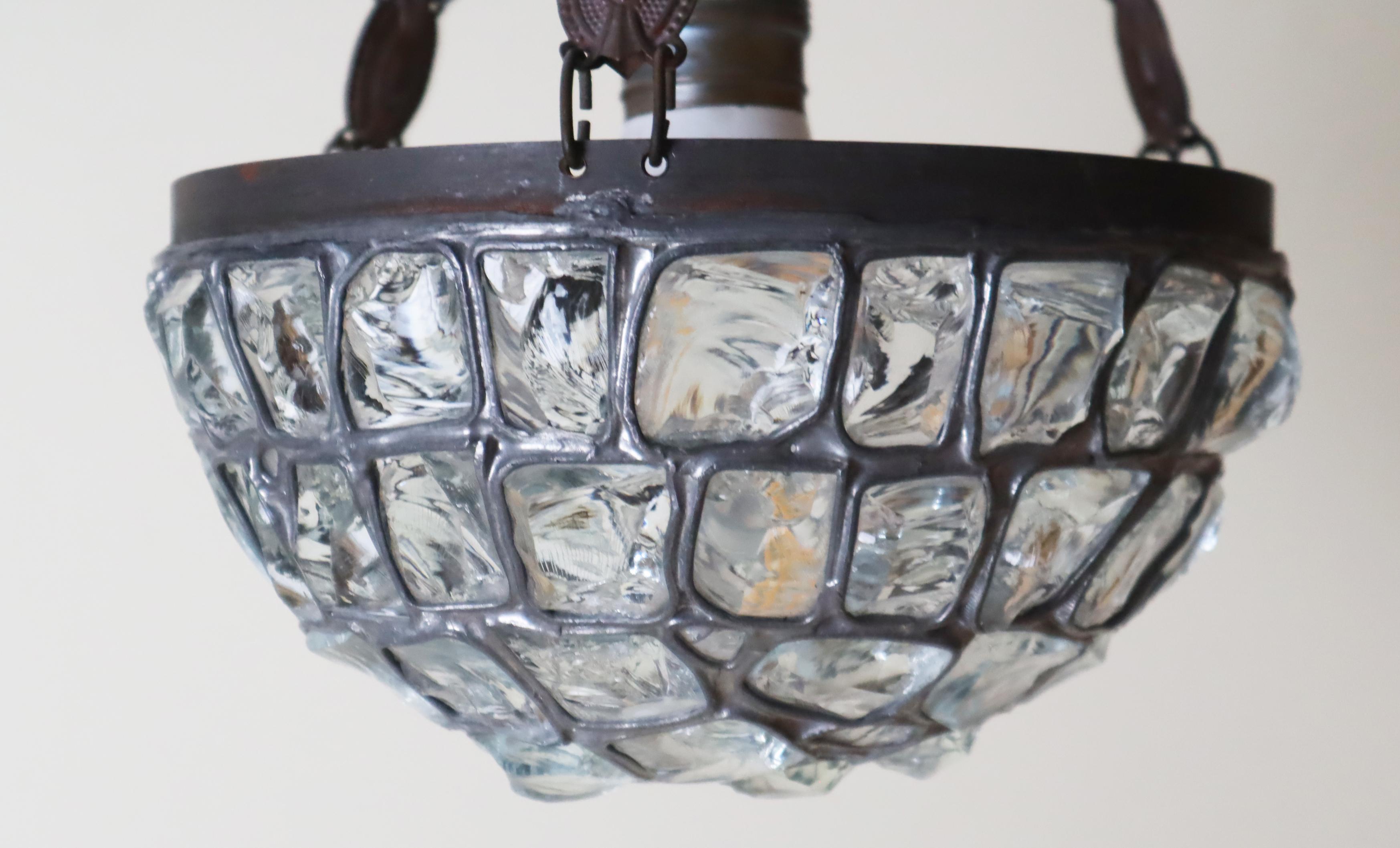 Hand-Carved Art Nouveau Pendant Lamp with Slack Glass in Rock Crystal Optics, Germany 1920s For Sale