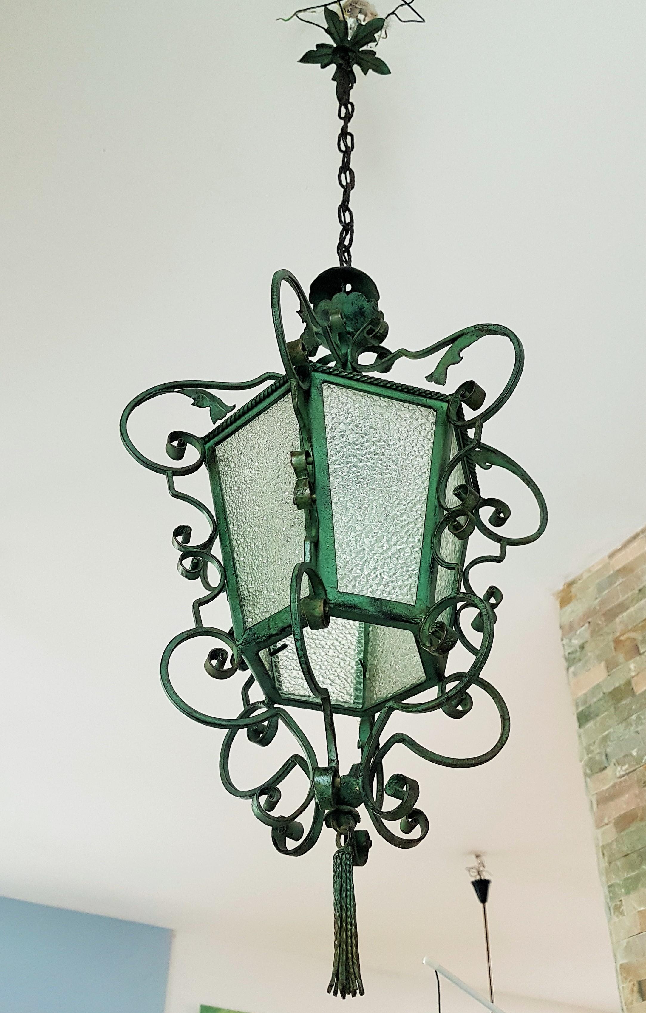 Art Nouveau Pendant Lantern Wrouht Iron, French Provincial 1900 6