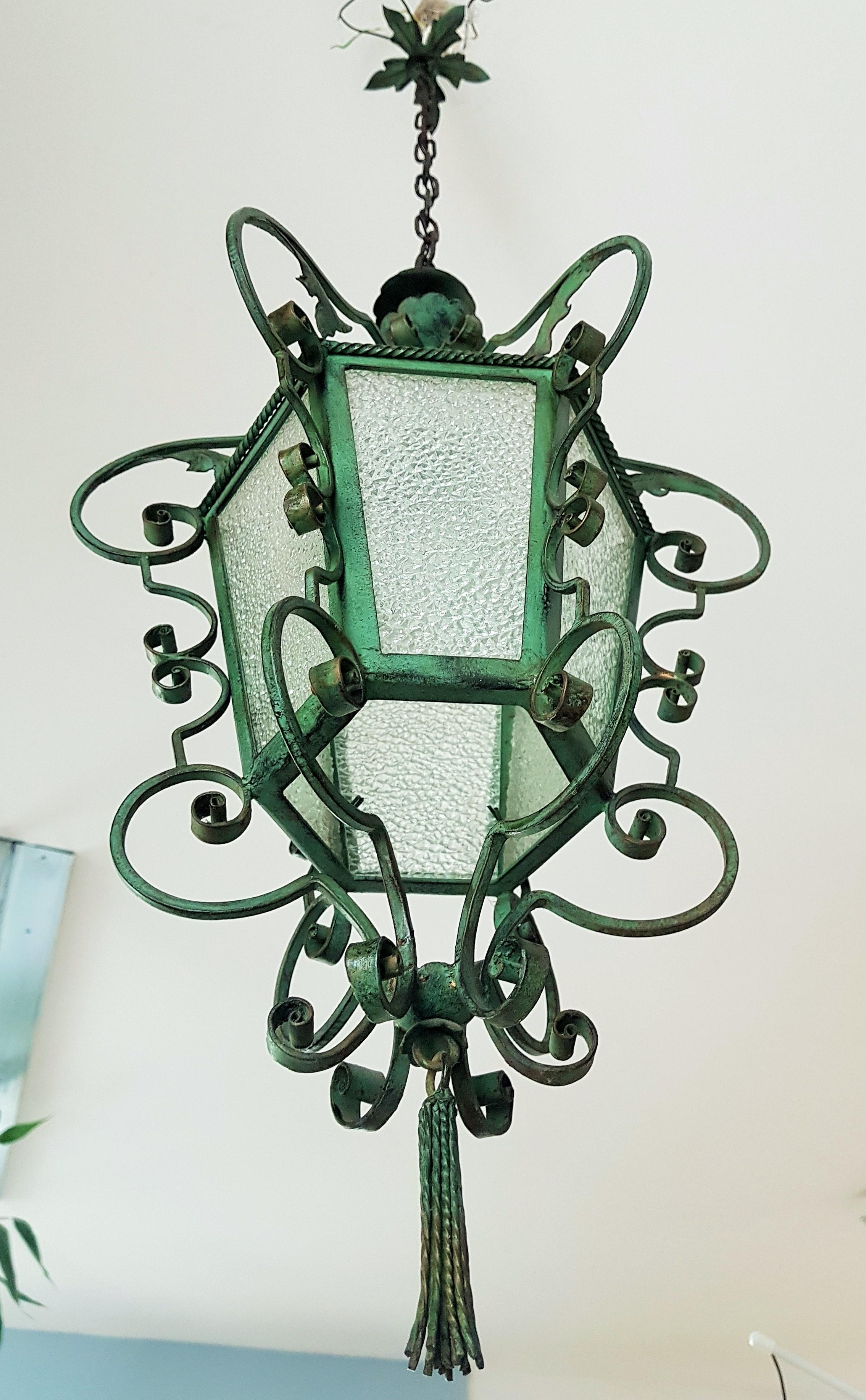 Art Nouveau Pendant Lantern Wrouht Iron, French Provincial 1900 7