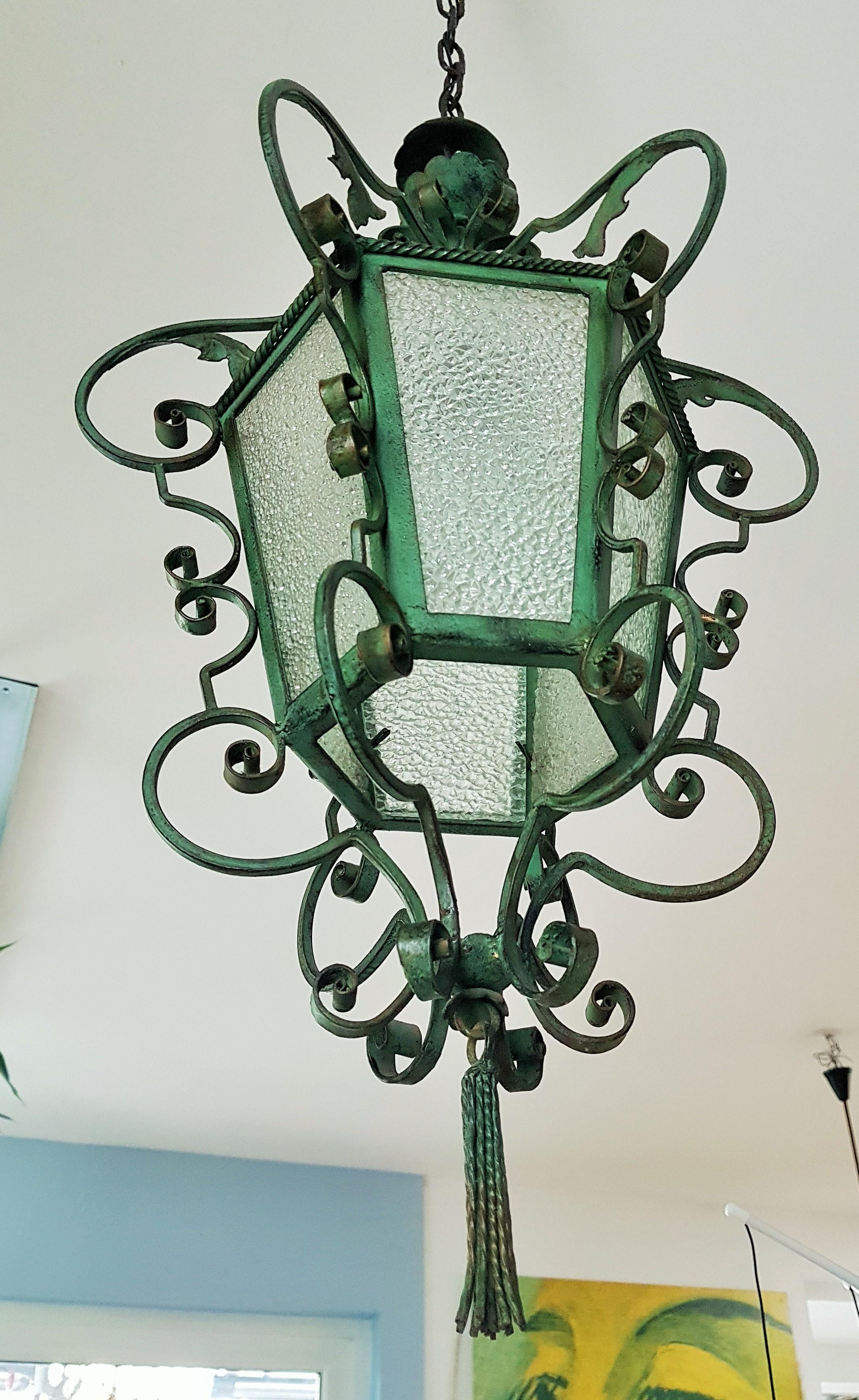 Art Nouveau Pendant Lantern Wrouht Iron, French Provincial 1900 8