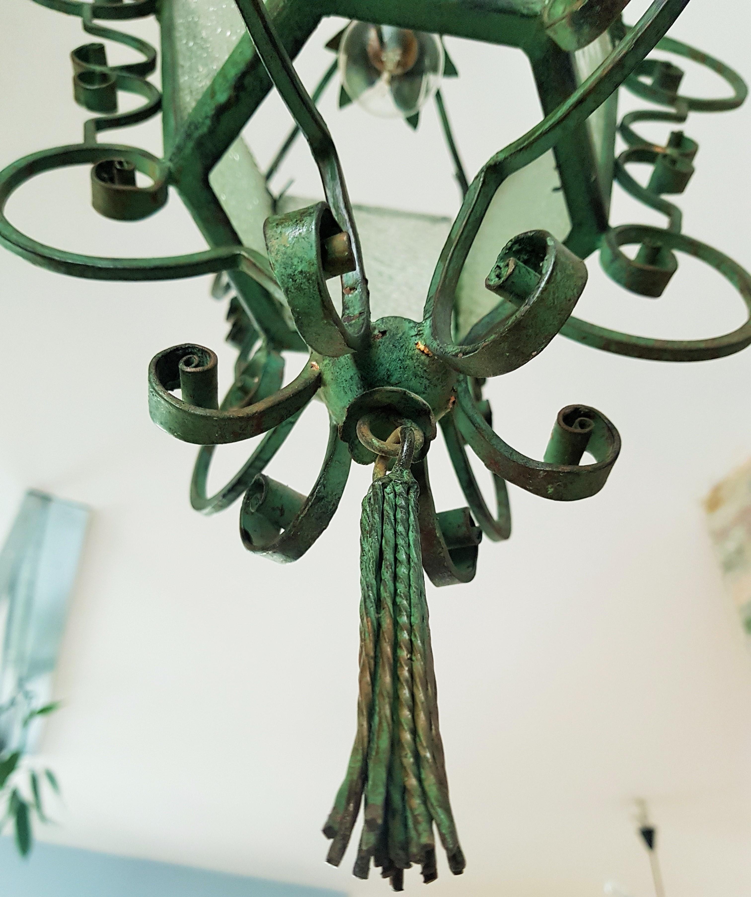 Art Nouveau Pendant Lantern Wrouht Iron, French Provincial 1900 11