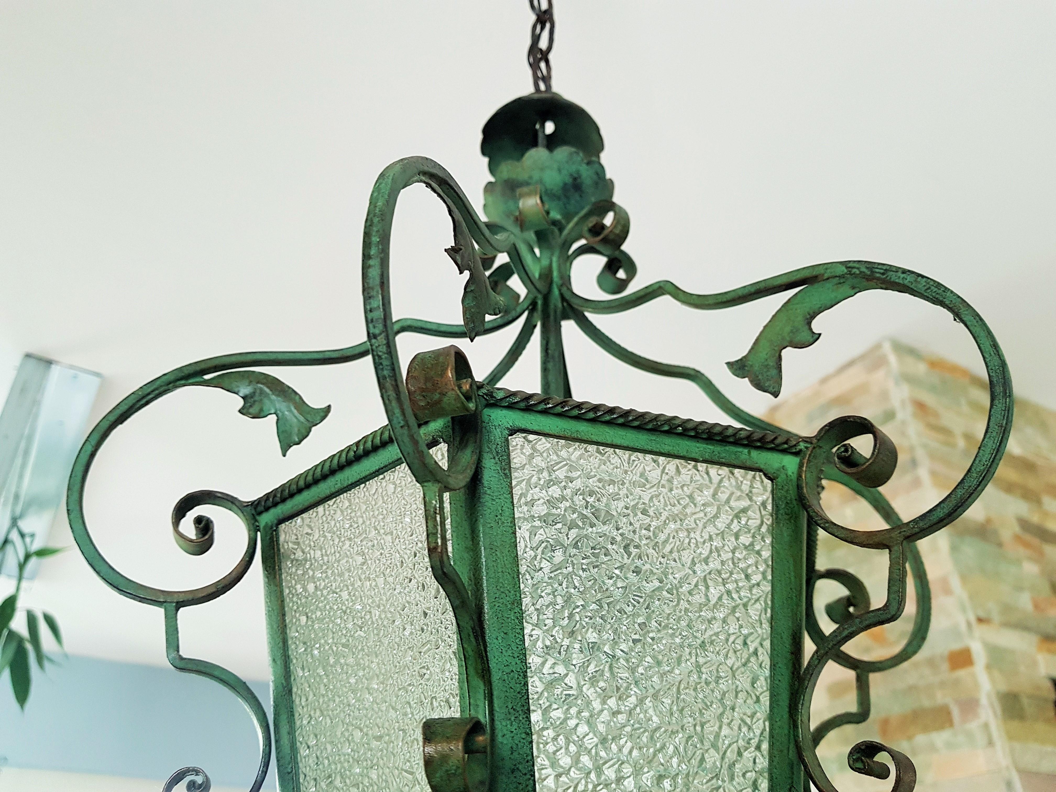 Art Nouveau Pendant Lantern Wrouht Iron, French Provincial 1900 12
