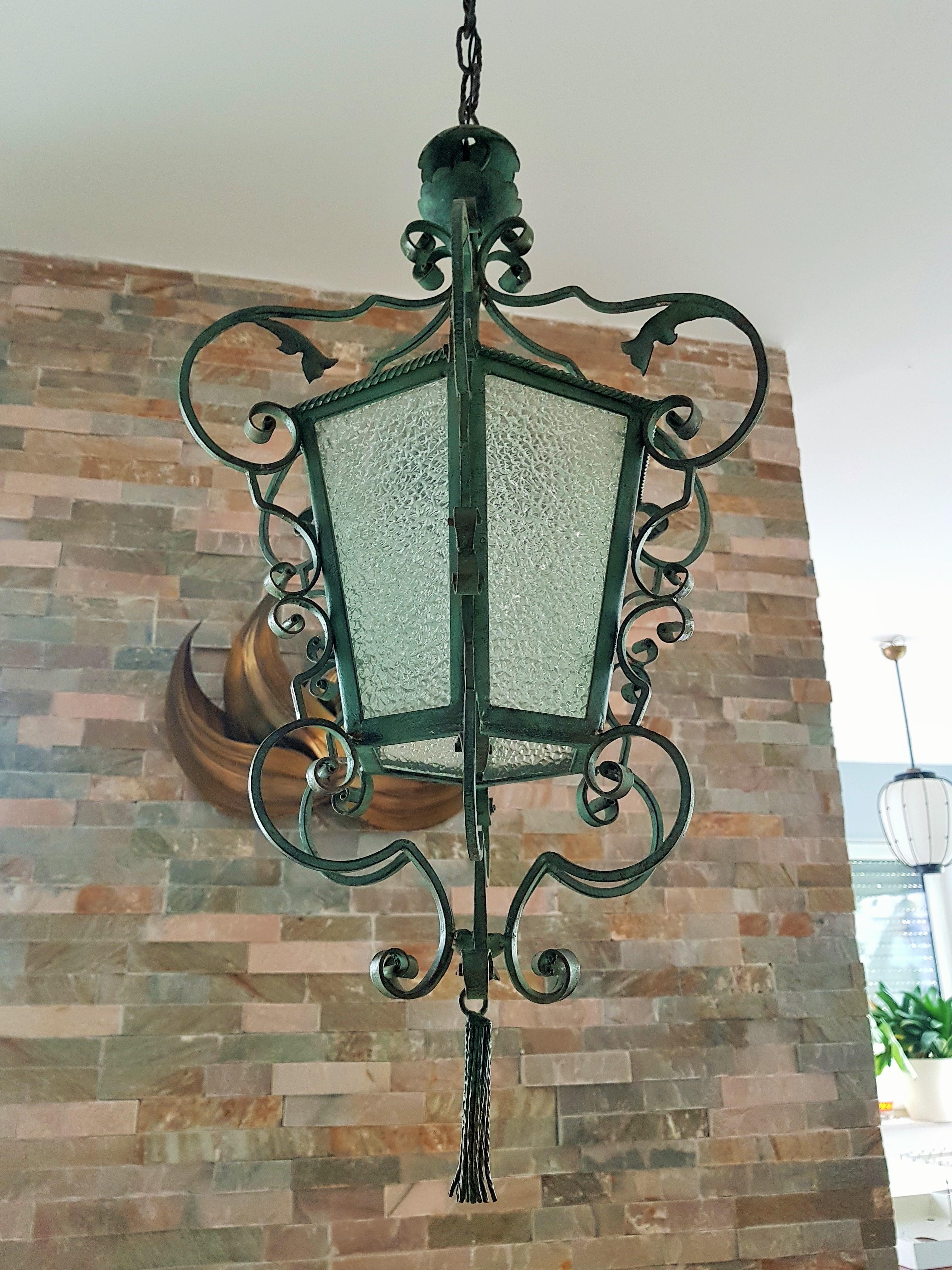 Art Nouveau Pendant Lantern Wrouht Iron, French Provincial 1900 2