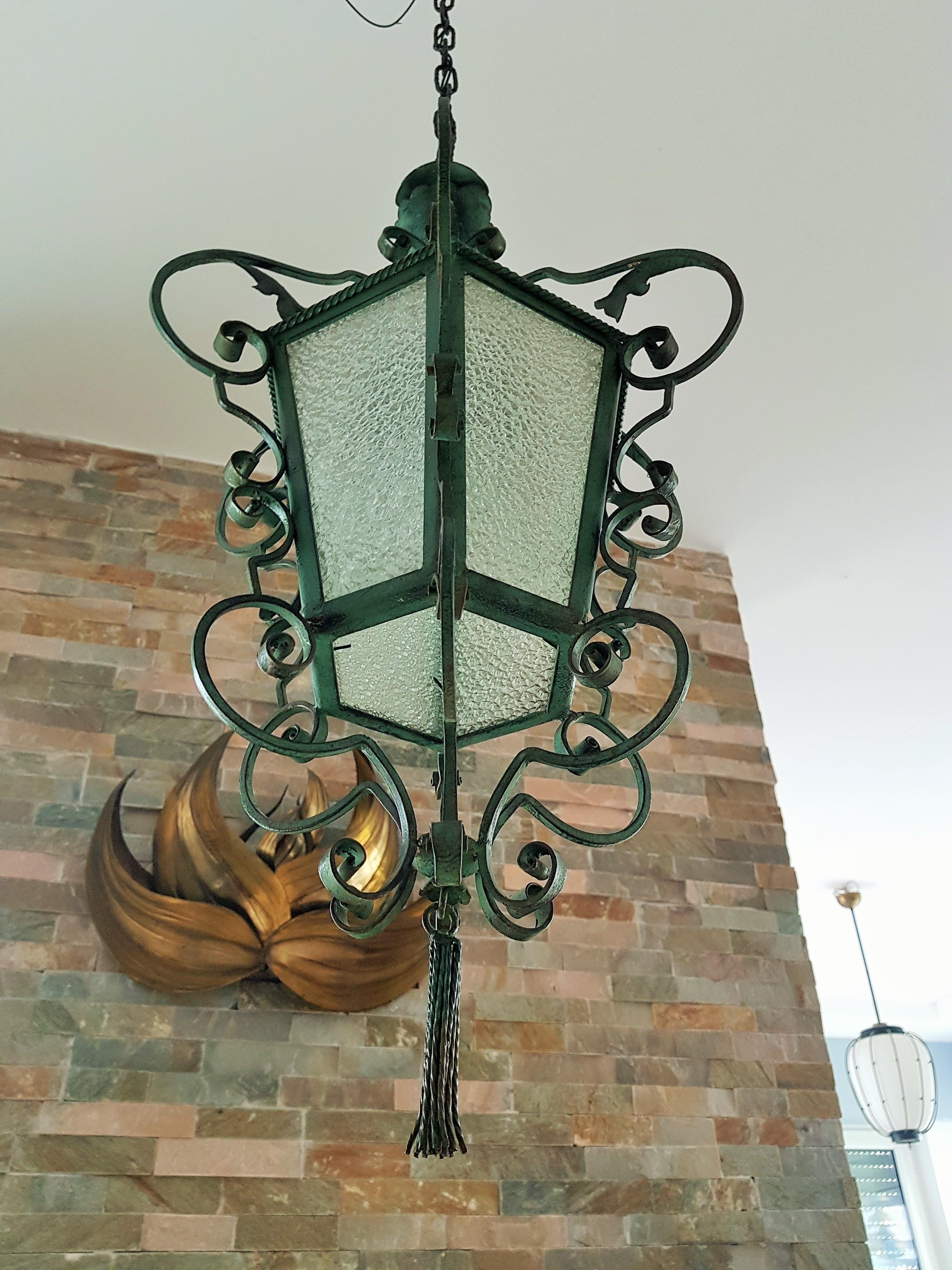 Art Nouveau Pendant Lantern Wrouht Iron, French Provincial 1900 3