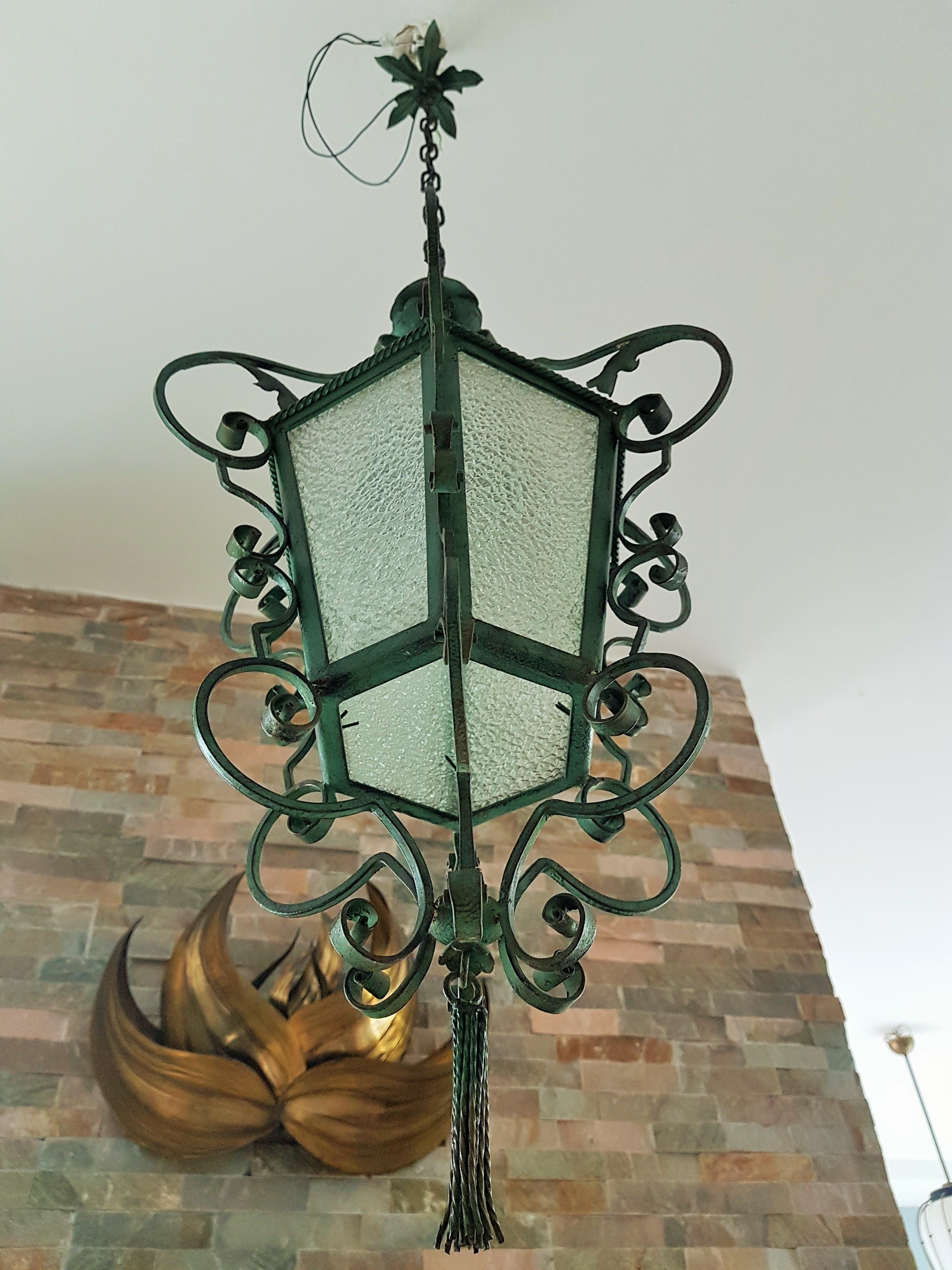 Art Nouveau Pendant Lantern Wrouht Iron, French Provincial 1900 4