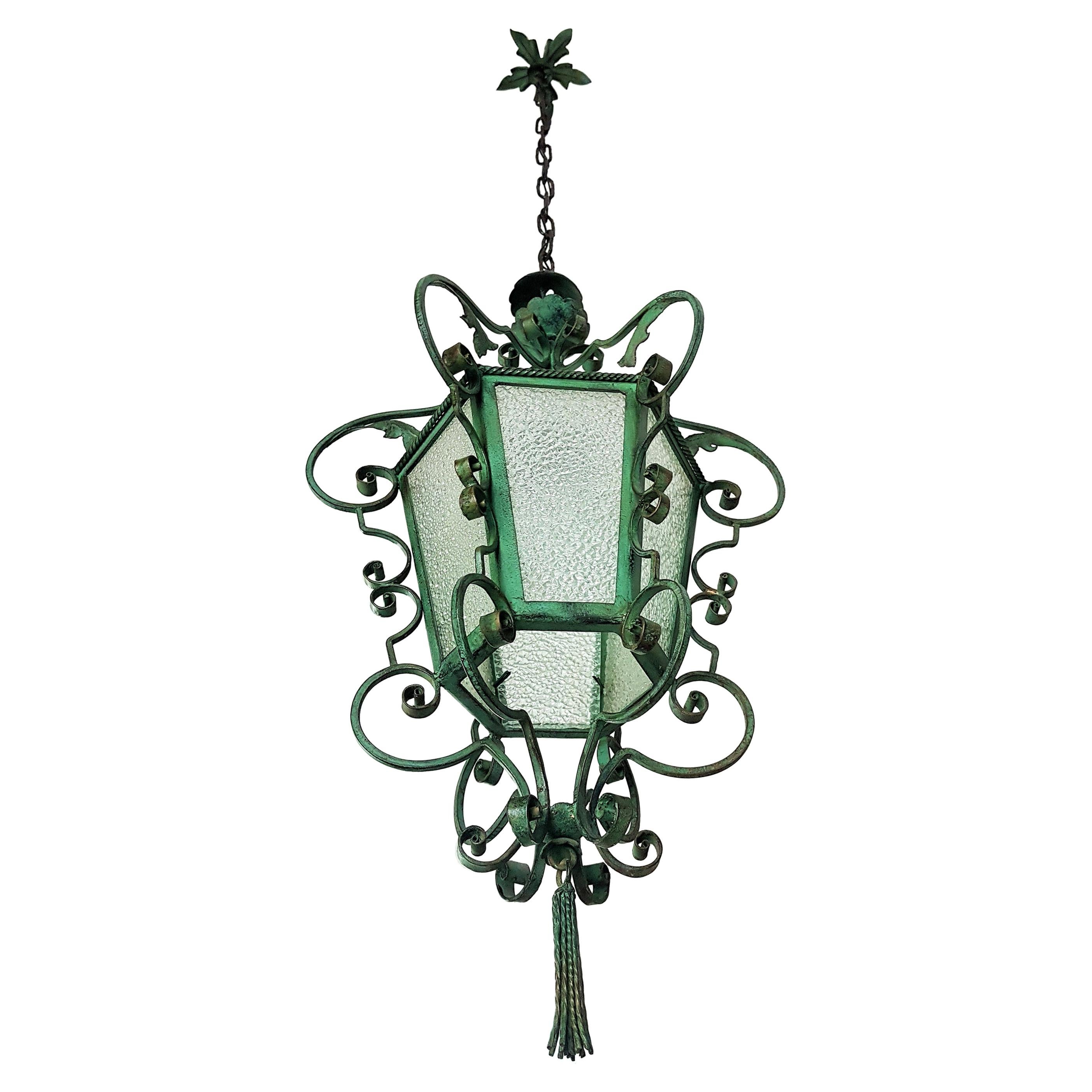 Art Nouveau Pendant Lantern Wrouht Iron, French Provincial 1900