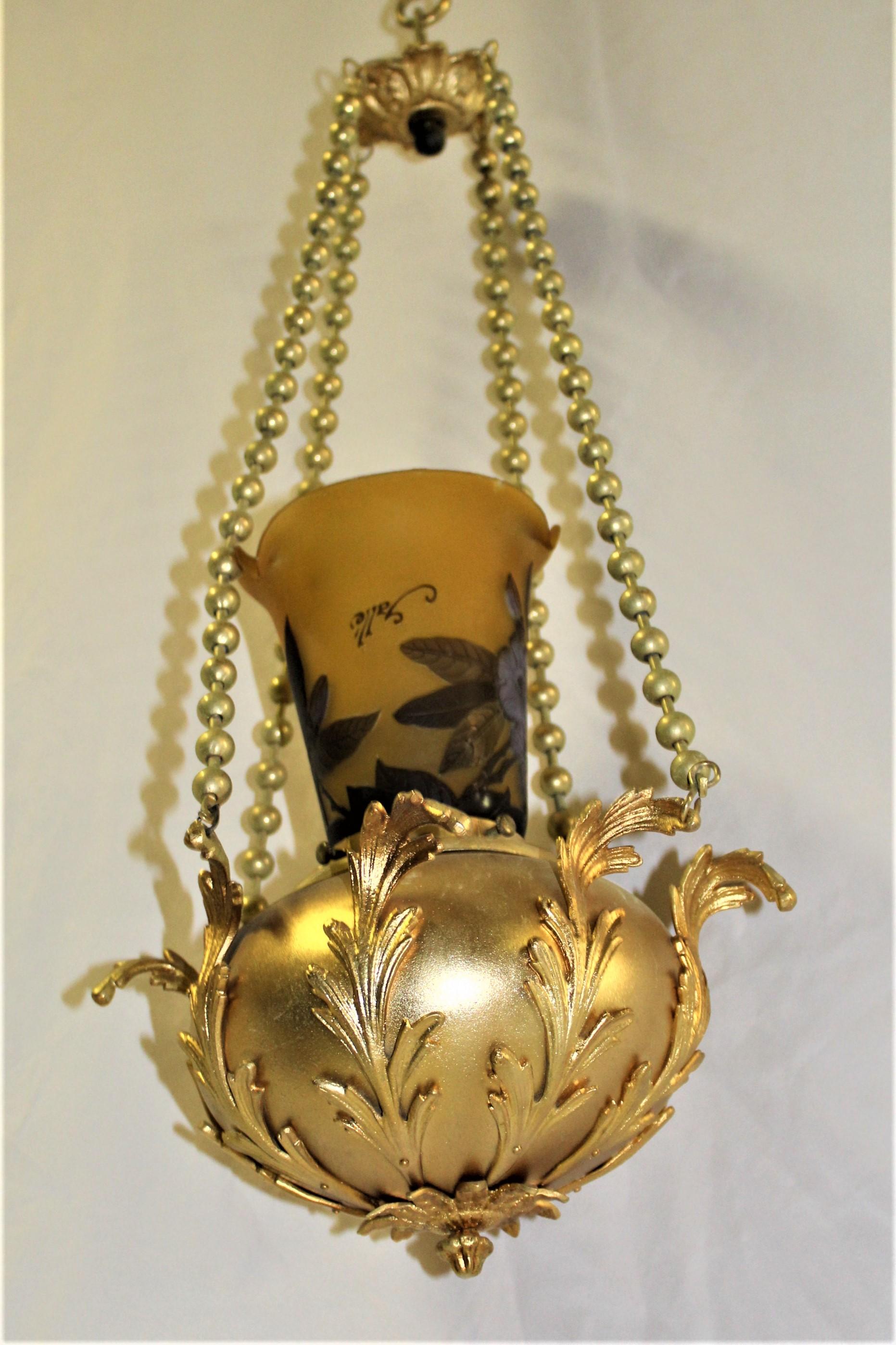 Plated Art Nouveau Pendant Light, 22-Karat Gold Finish Galle Type Glass Shade For Sale