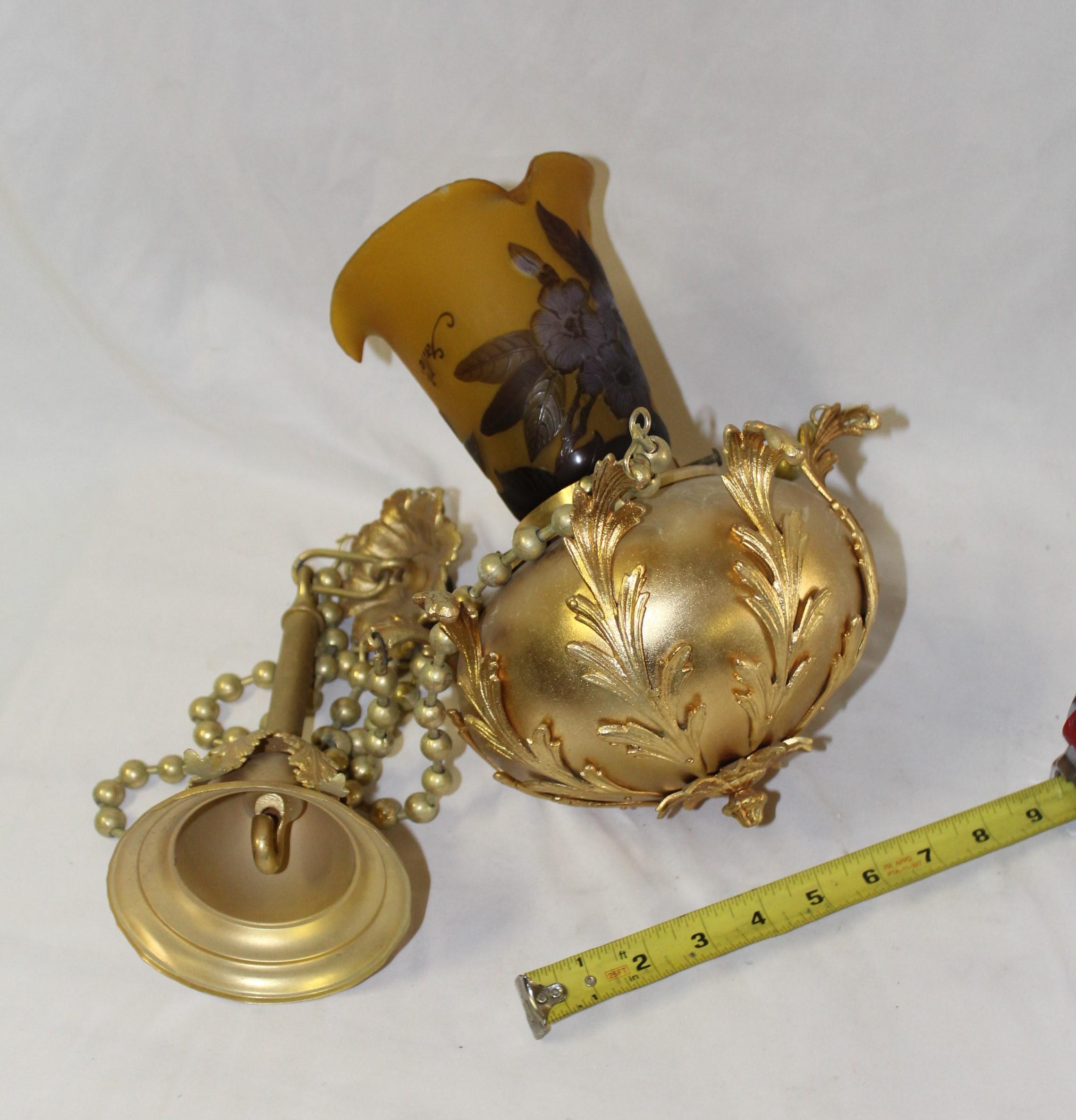 Art Nouveau Pendant Light, 22-Karat Gold Finish Galle Type Glass Shade For Sale 2