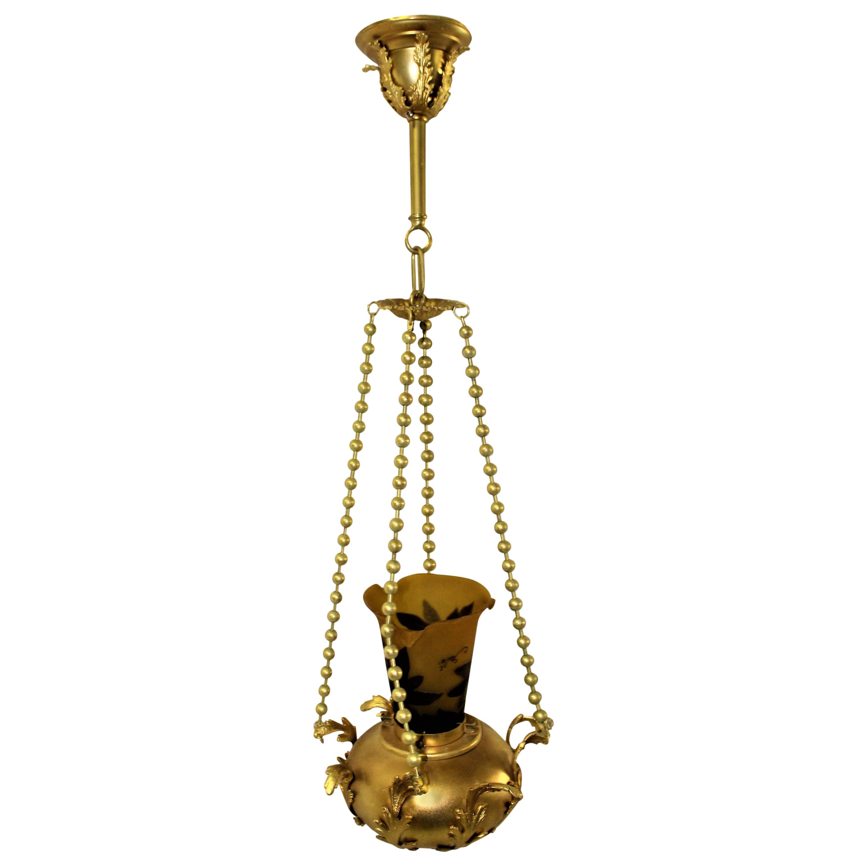 Lampe à suspension Art Nouveau, finition or 22 carats, abat-jour en verre de type galle