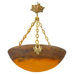 Art Nouveau Pendant Light with Orange & Aubergine Glass by Muller Frères, 1920s