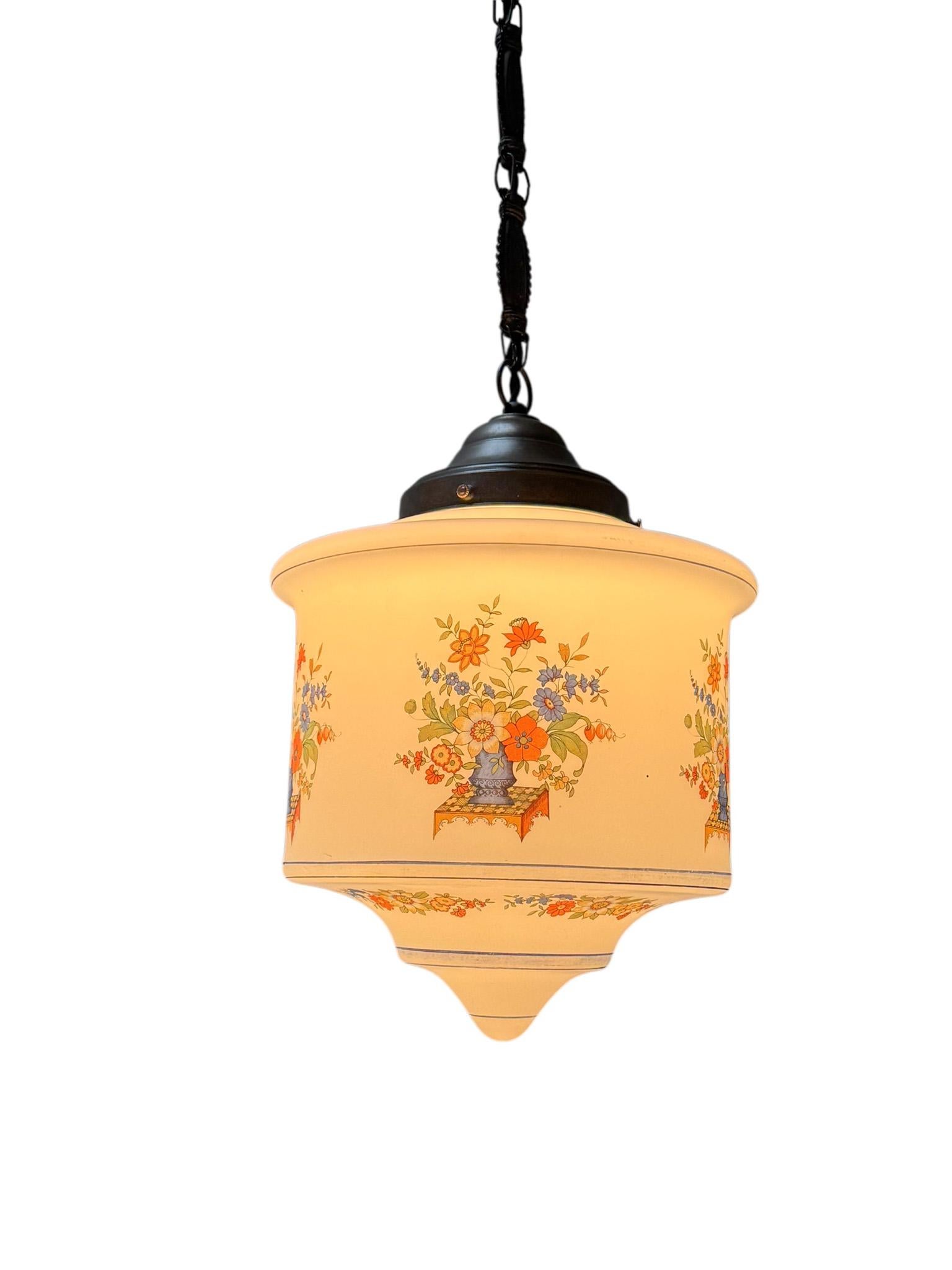 Lampada a sospensione Art Nouveau con paralume originale in vetro dipinto a mano, 1900 in vendita 9