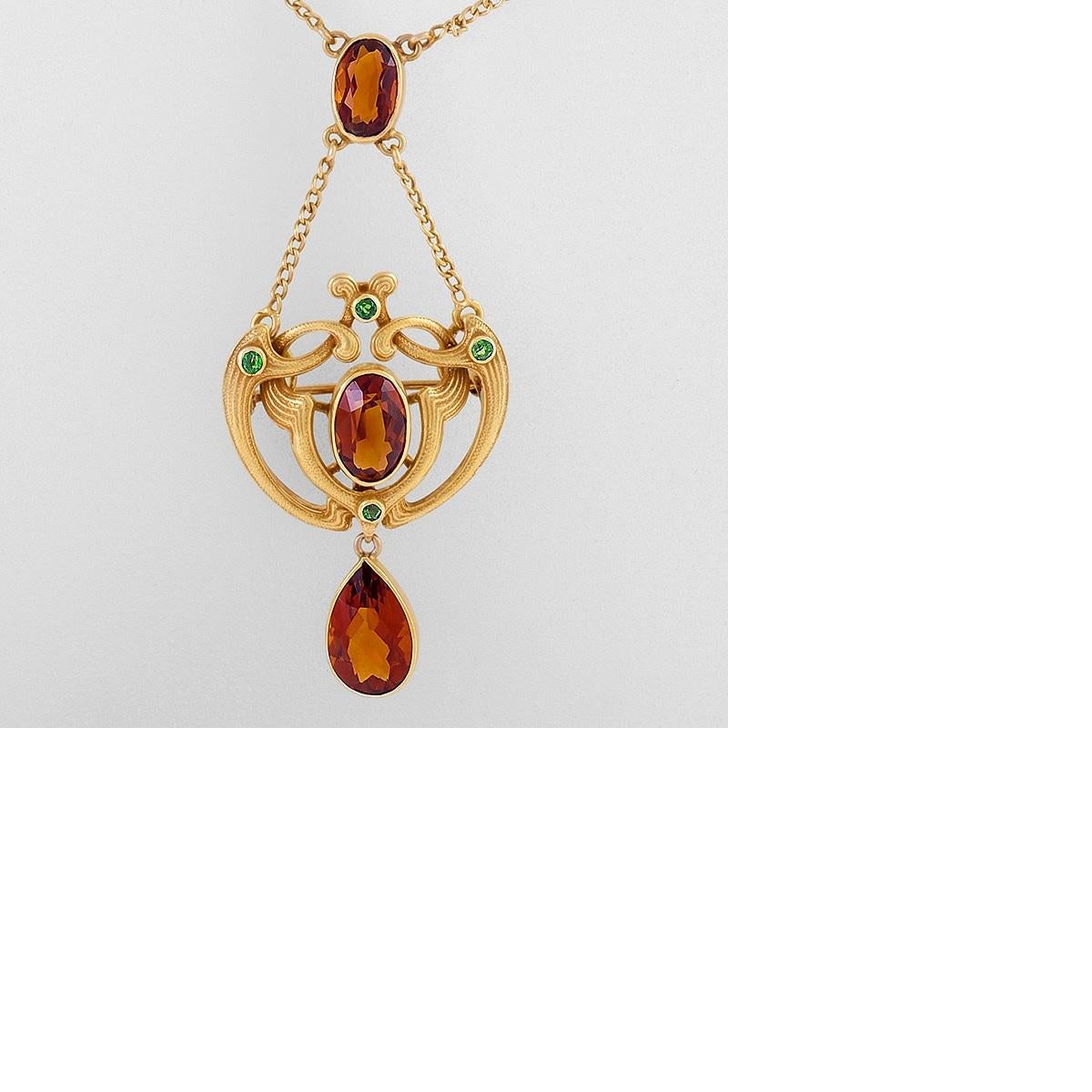 Women's Art Nouveau Pendant Necklace with Citrine and Demantoid Garnet
