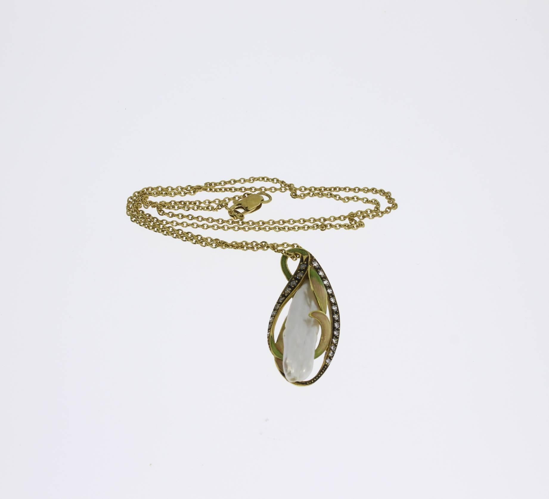 Old Mine Cut Art Nouveau Pendant Necklace with Gold Chain For Sale