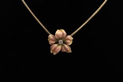 Art Nouveau Pendant Pink Enamel late 1800's with Diamond 14 Karat Yellow Gold