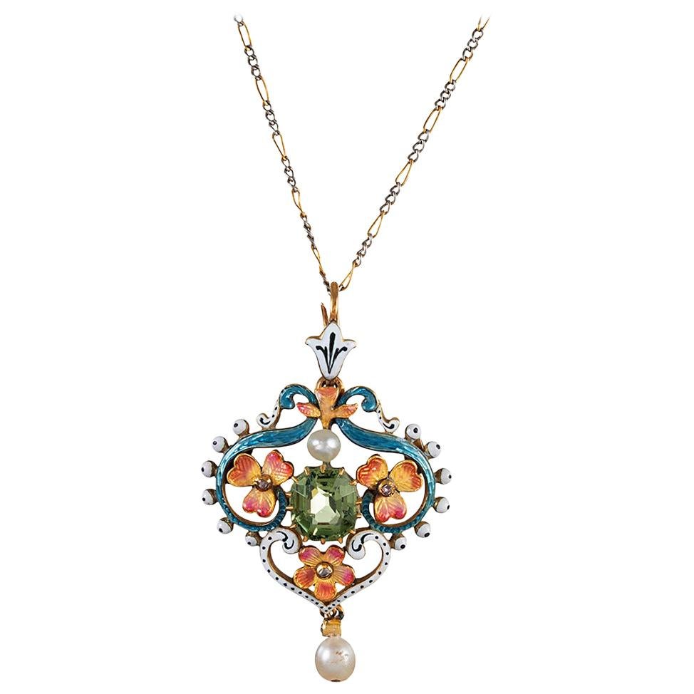 André Rambour French Art Nouveau Enamel Gold Pendant For Sale at 1stDibs