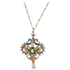 Art Nouveau Pendant with Peridot, Enamel and Pearl