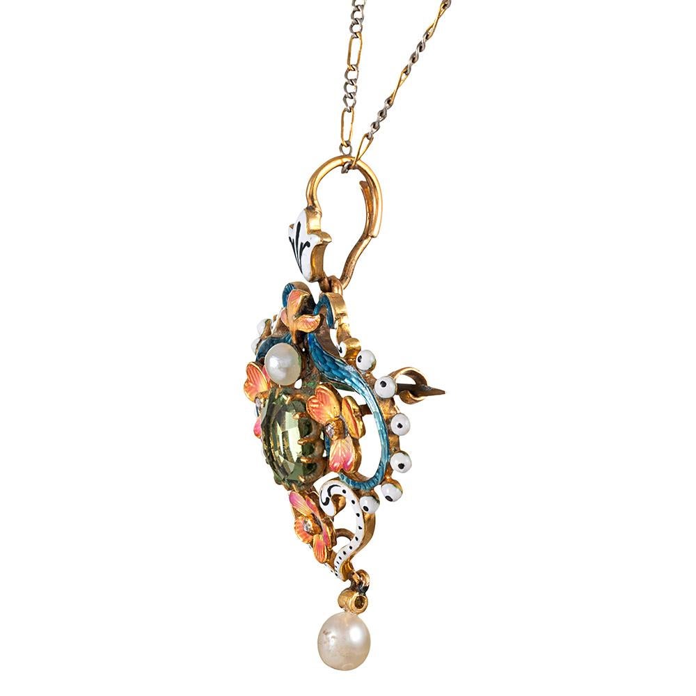 Art Nouveau Pendant with Peridot, Enamel and Pearl In Good Condition In Carmel-by-the-Sea, CA