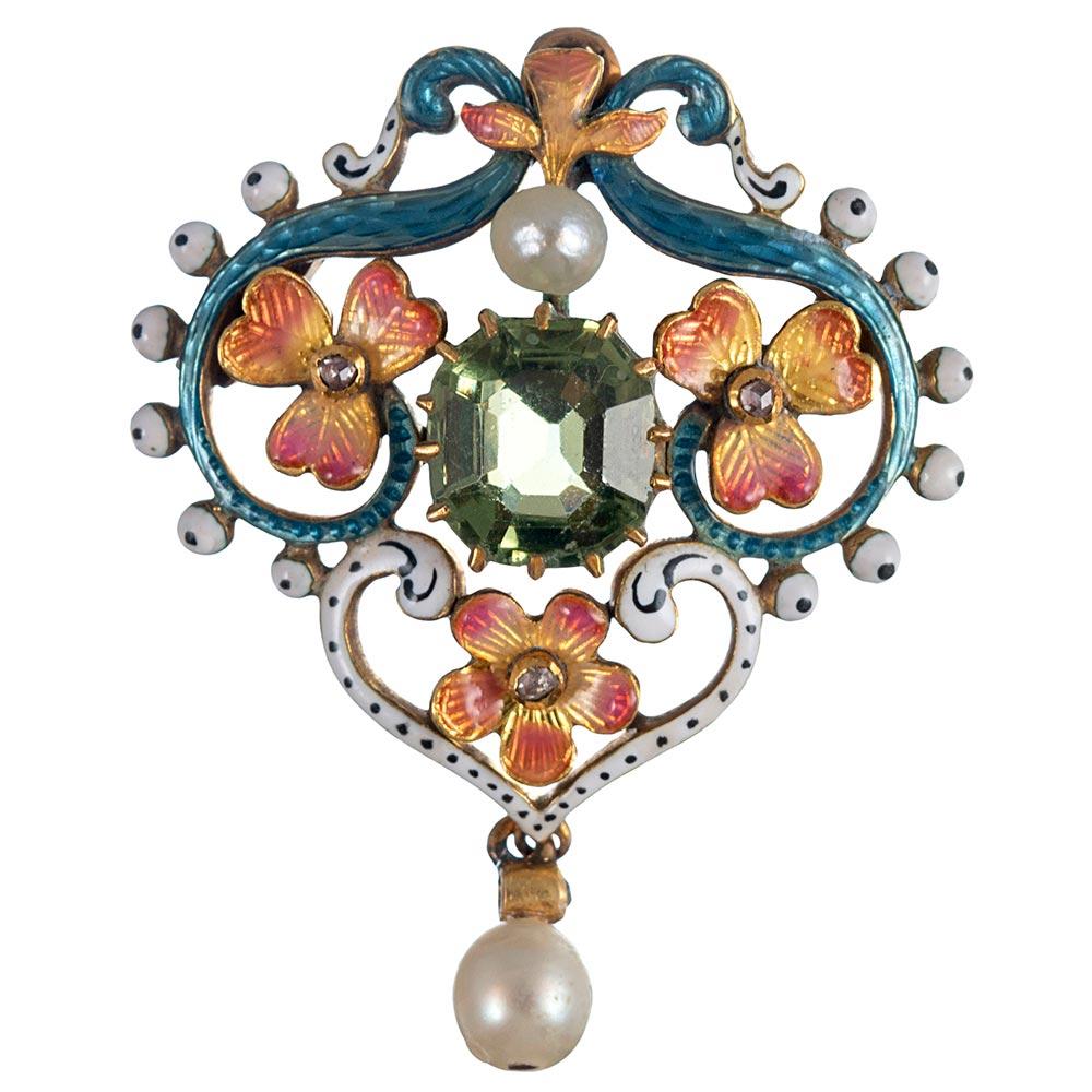 Women's Art Nouveau Pendant with Peridot, Enamel and Pearl