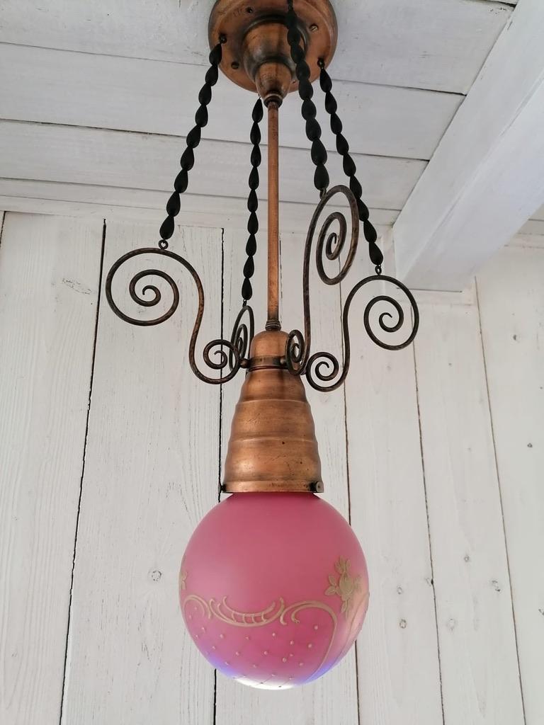 Brass Art Nouveau Pendant with Rose Glass Shade For Sale