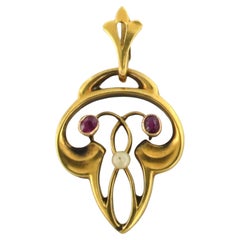 Antique ART NOUVEAU pendant with ruby and pearl 14k yellow gold