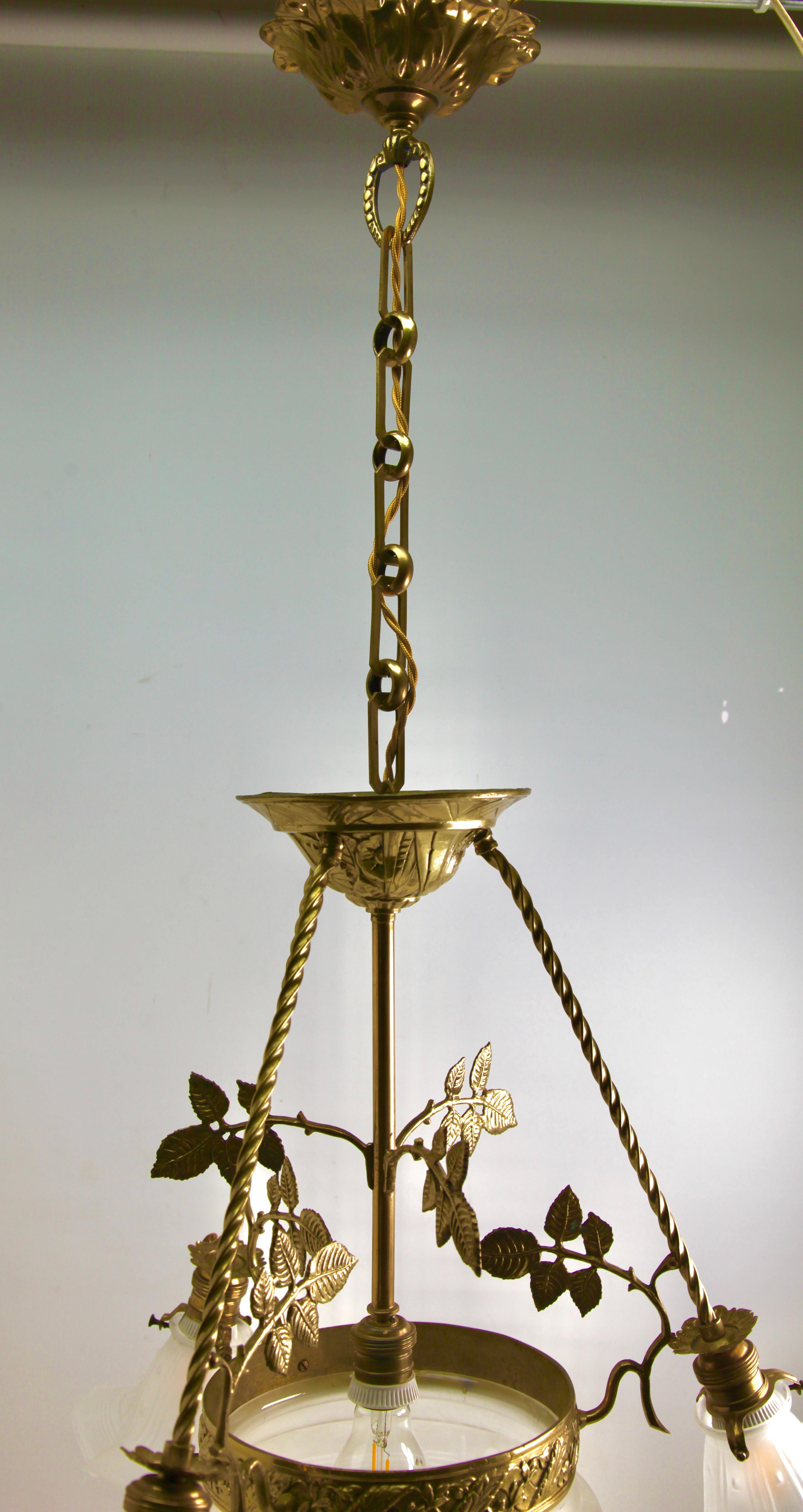 Art Nouveau Pendent Chandelier Brass with Tree-Arms 1920s 4