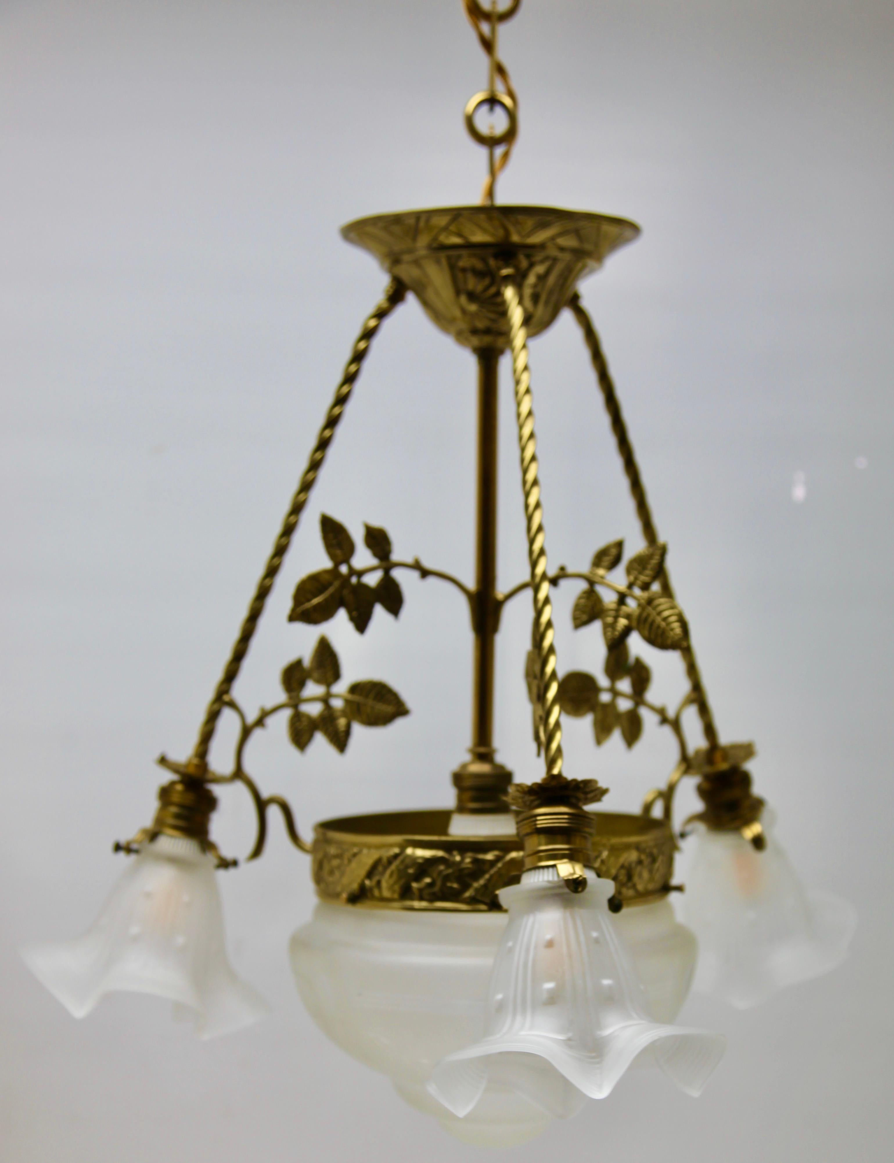 Art Nouveau Pendent Chandelier Brass with Tree-Arms 1920s 5