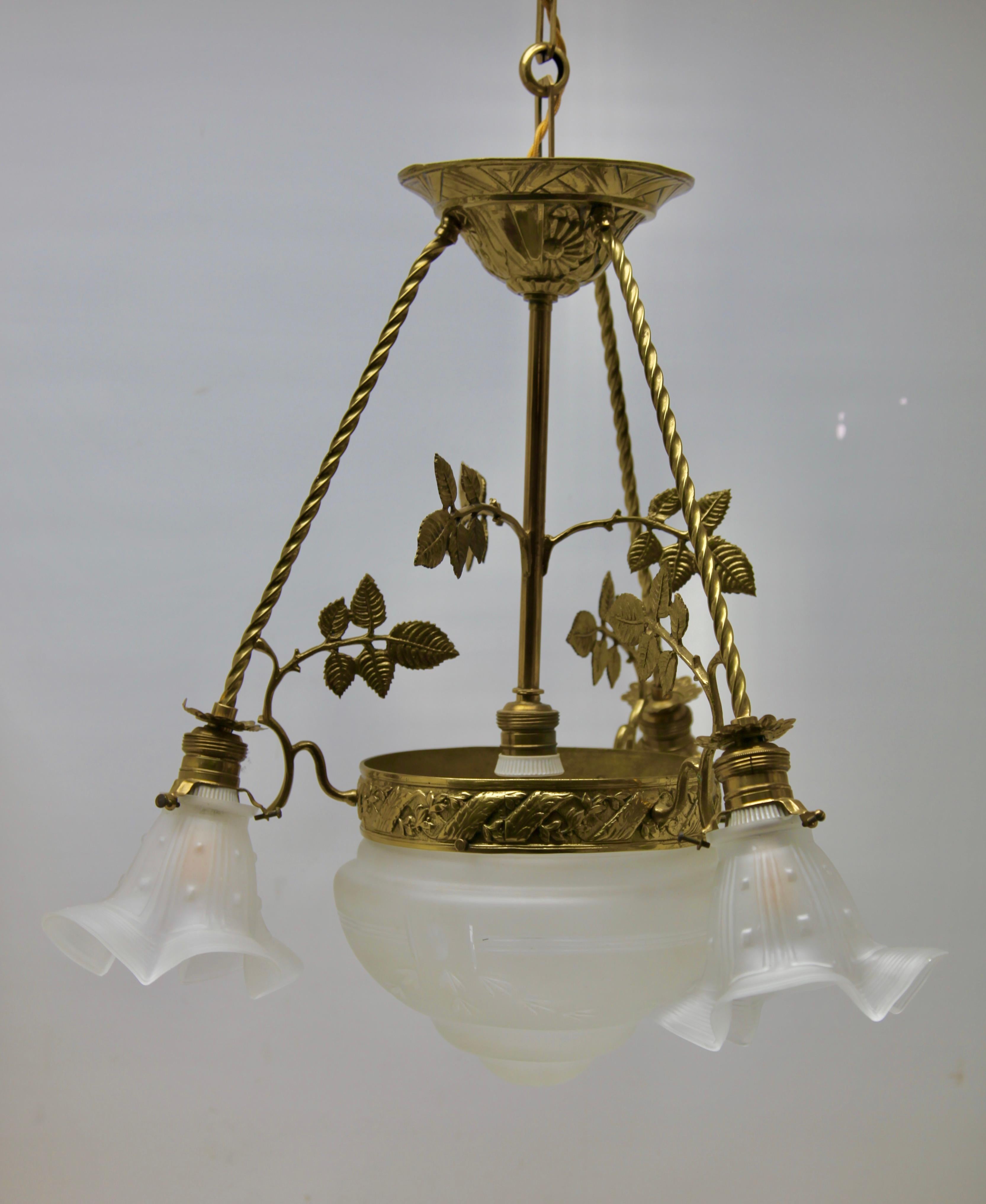 Art Nouveau Pendent Chandelier Brass with Tree-Arms 1920s 6