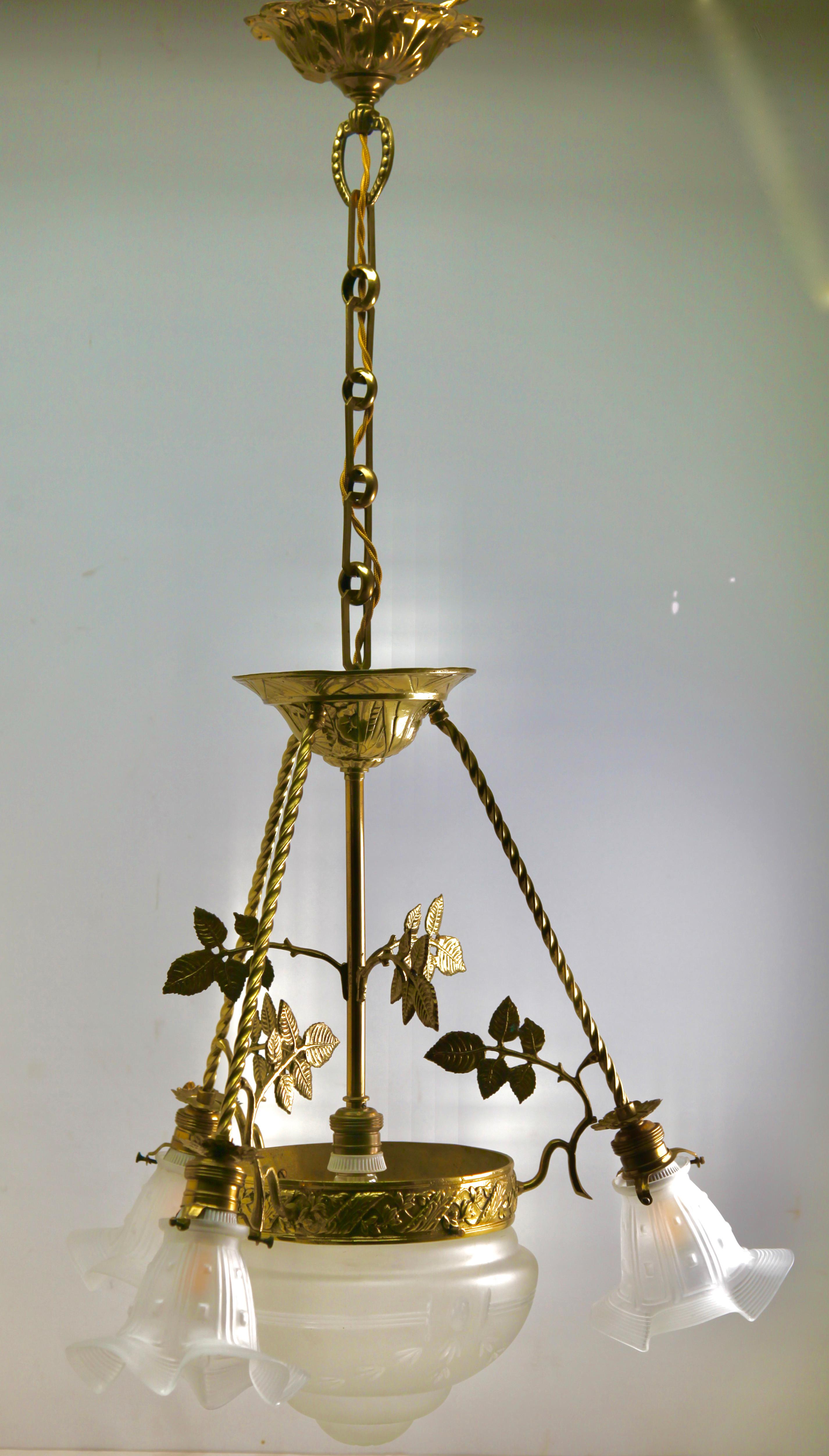 Art Nouveau Pendent Chandelier Brass with Tree-Arms 1920s 9