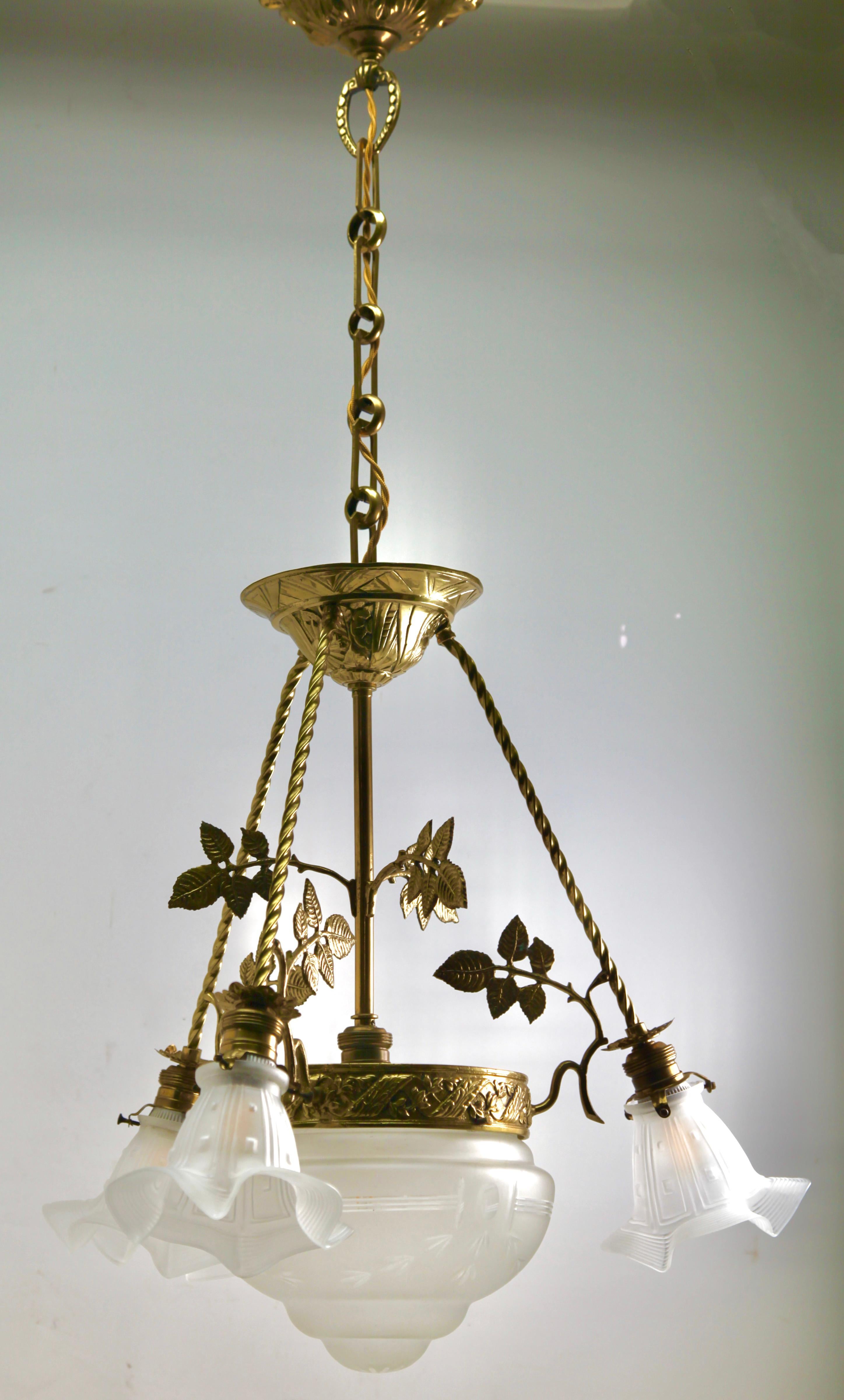 Art Nouveau Pendent Chandelier Brass with Tree-Arms 1920s 11