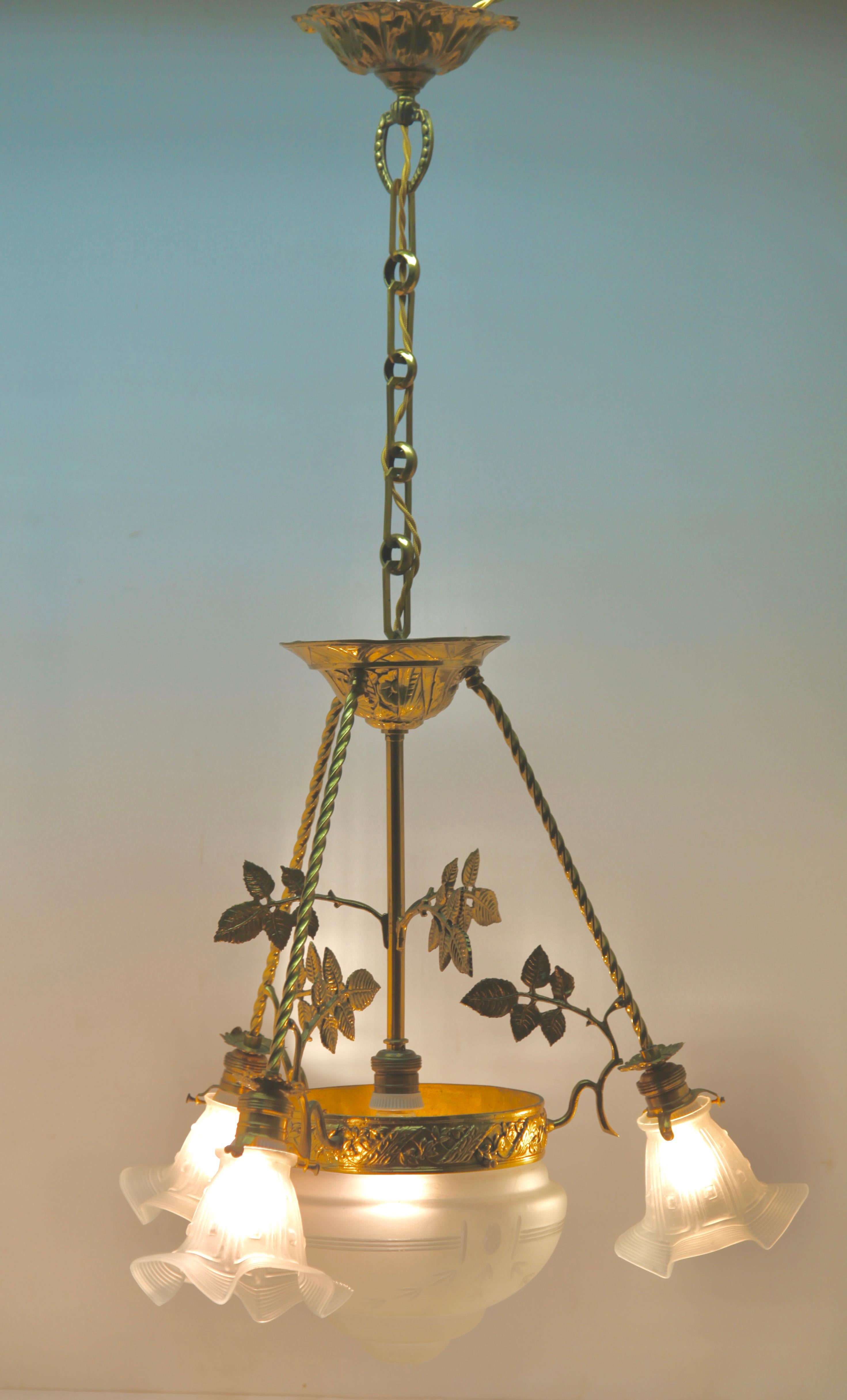 French Art Nouveau Pendent Chandelier Brass with Tree-Arms 1920s