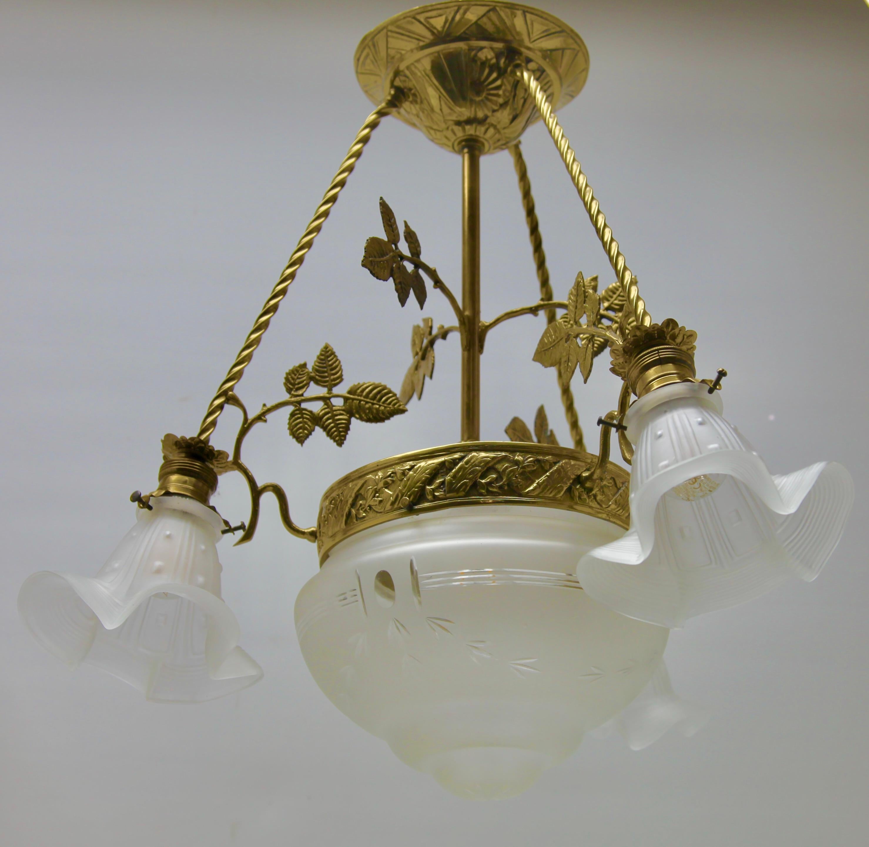 Cast Art Nouveau Pendent Chandelier Brass with Tree-Arms 1920s