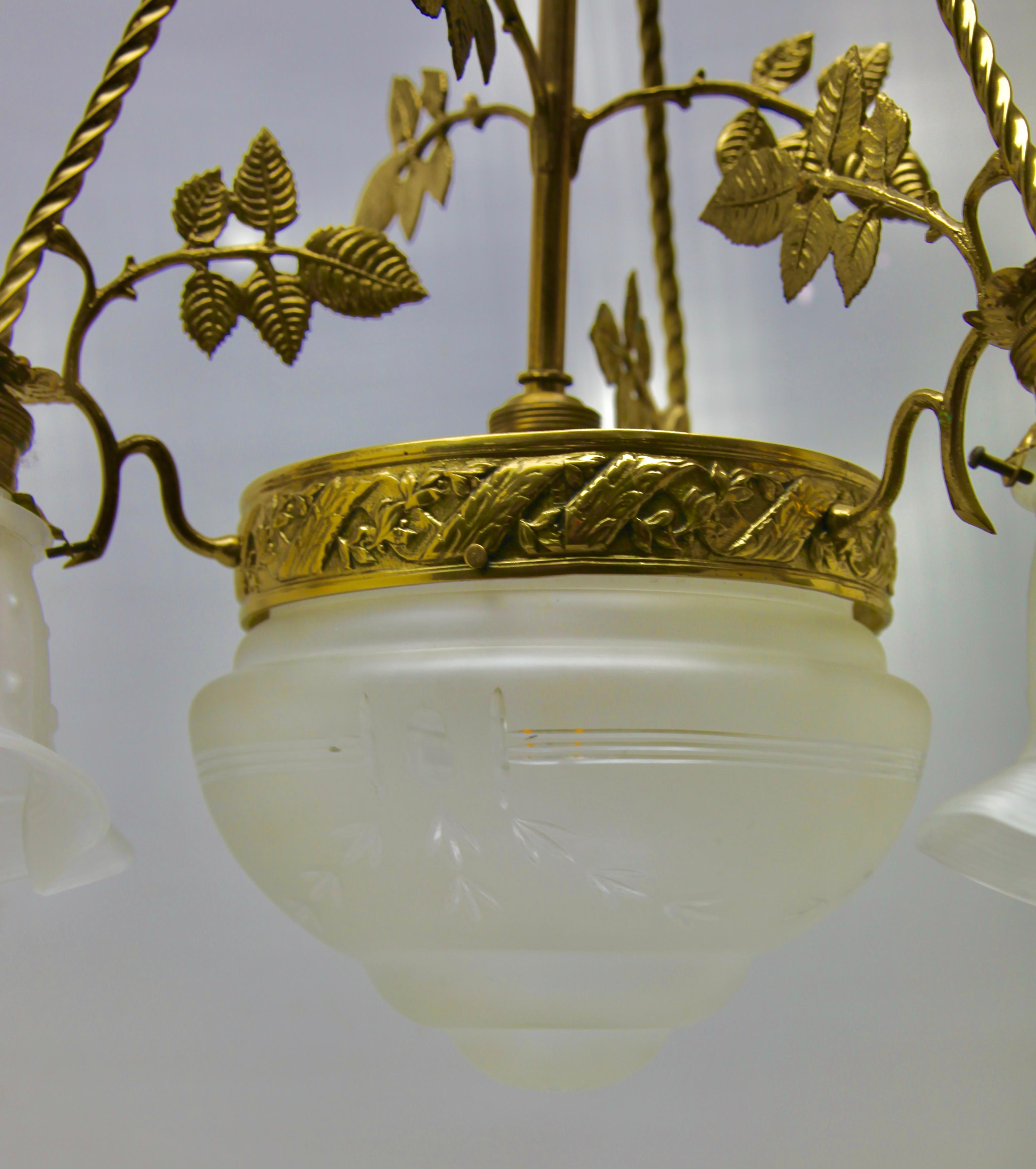Early 20th Century Art Nouveau Pendent Chandelier Brass with Tree-Arms 1920s