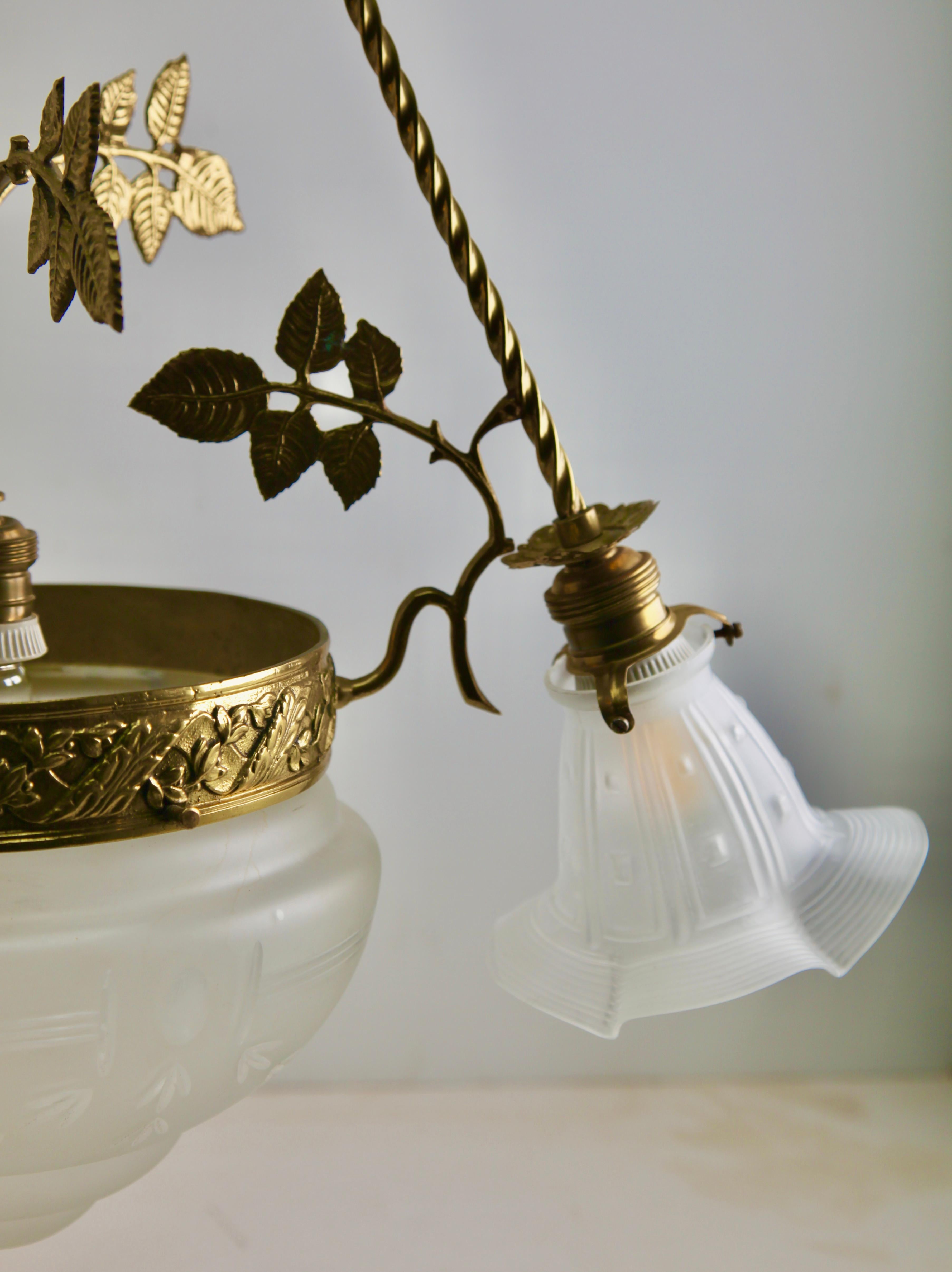 Art Nouveau Pendent Chandelier Brass with Tree-Arms 1920s 1