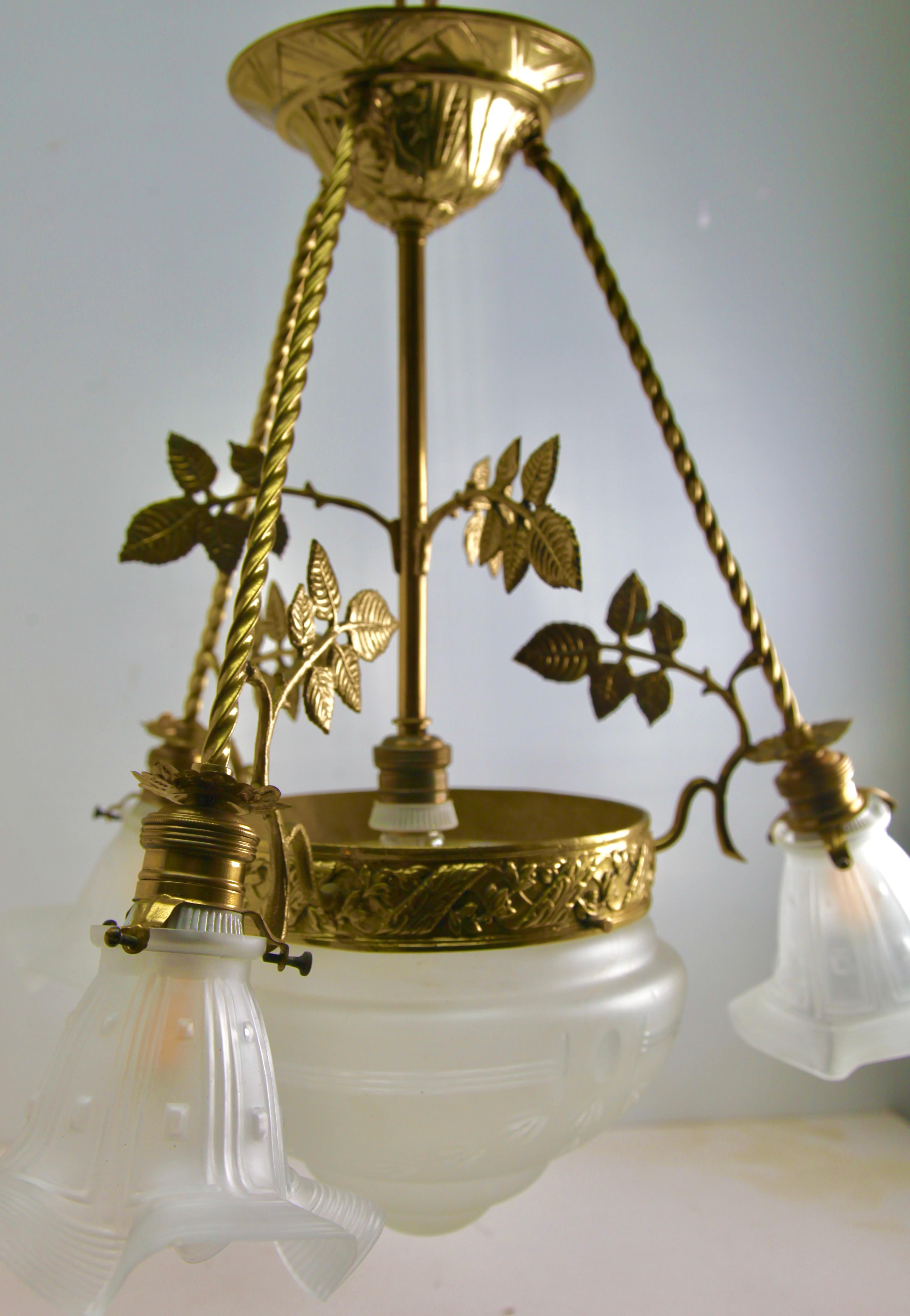 Art Nouveau Pendent Chandelier Brass with Tree-Arms 1920s 2