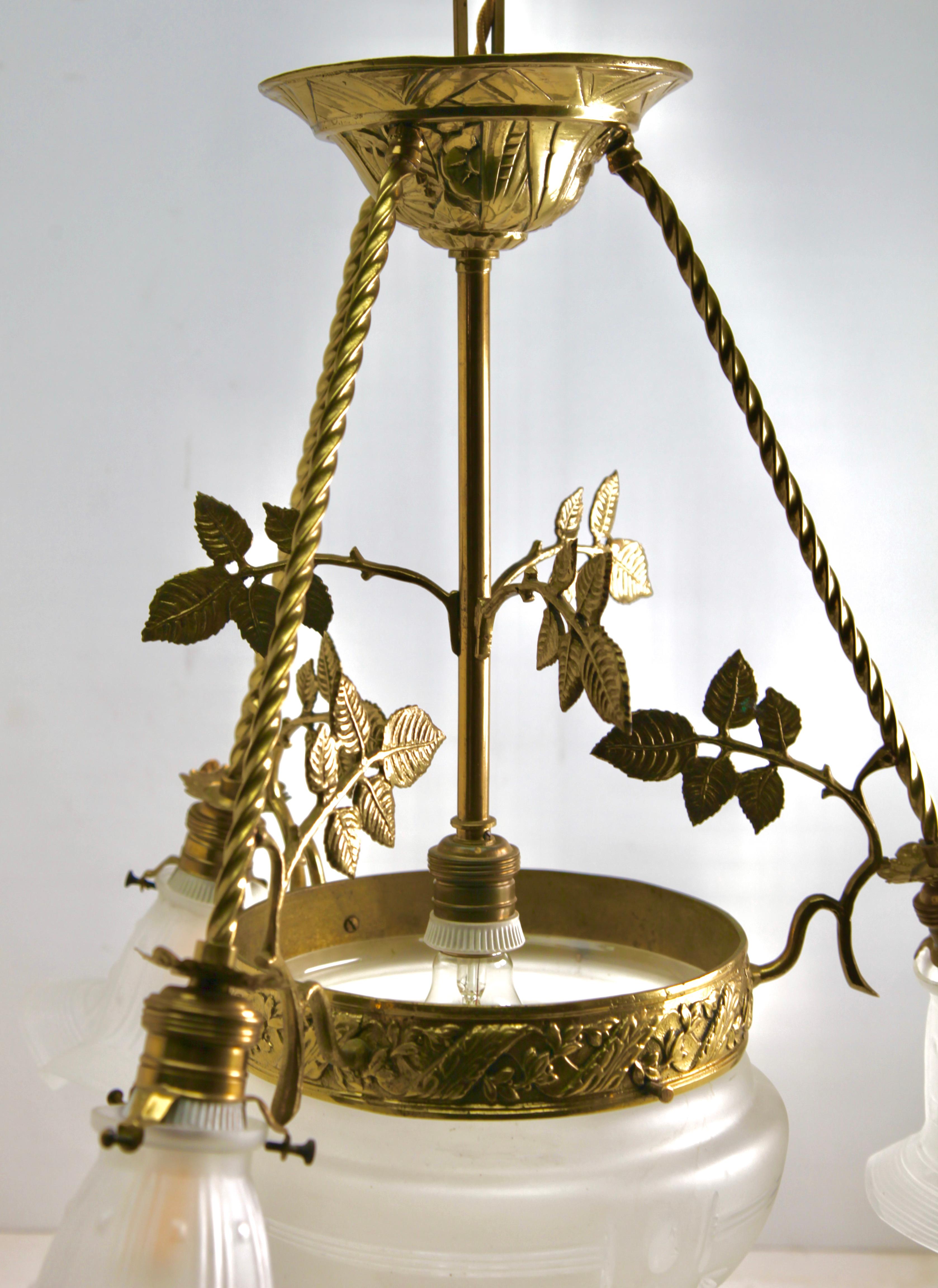 Art Nouveau Pendent Chandelier Brass with Tree-Arms 1920s 3