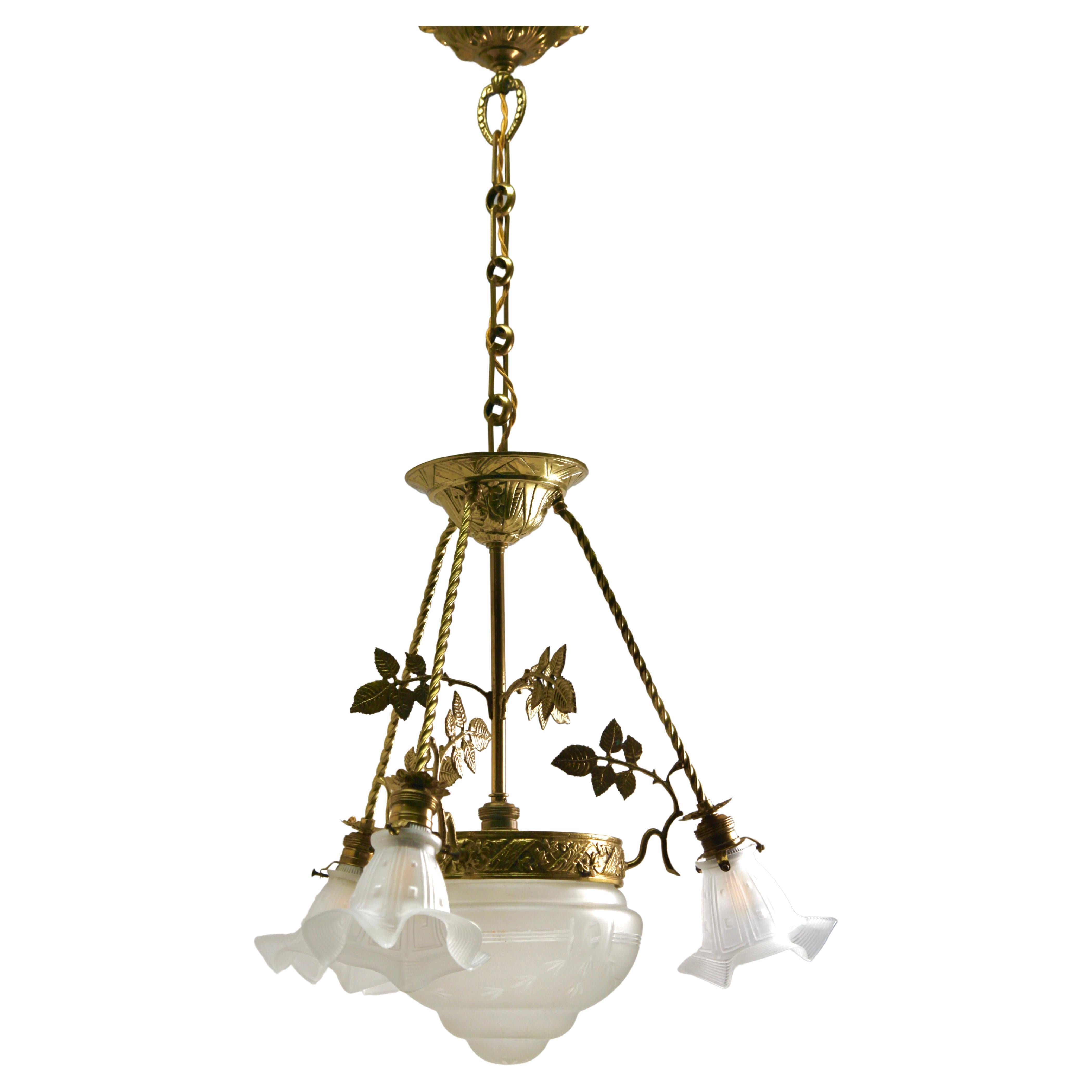 1920s Antique Brass Chandelier, Six Arms and a Dark Patina For