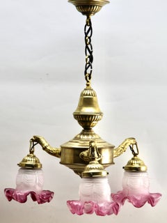 Art Nouveau Pendent Chandelier Polished Brass with Tree-Arms 'Eagle Head' 1920s