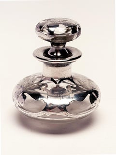 Art Nouveau Perfume Bottle with Ornate Flora and Monogrammed Sterling Overlay