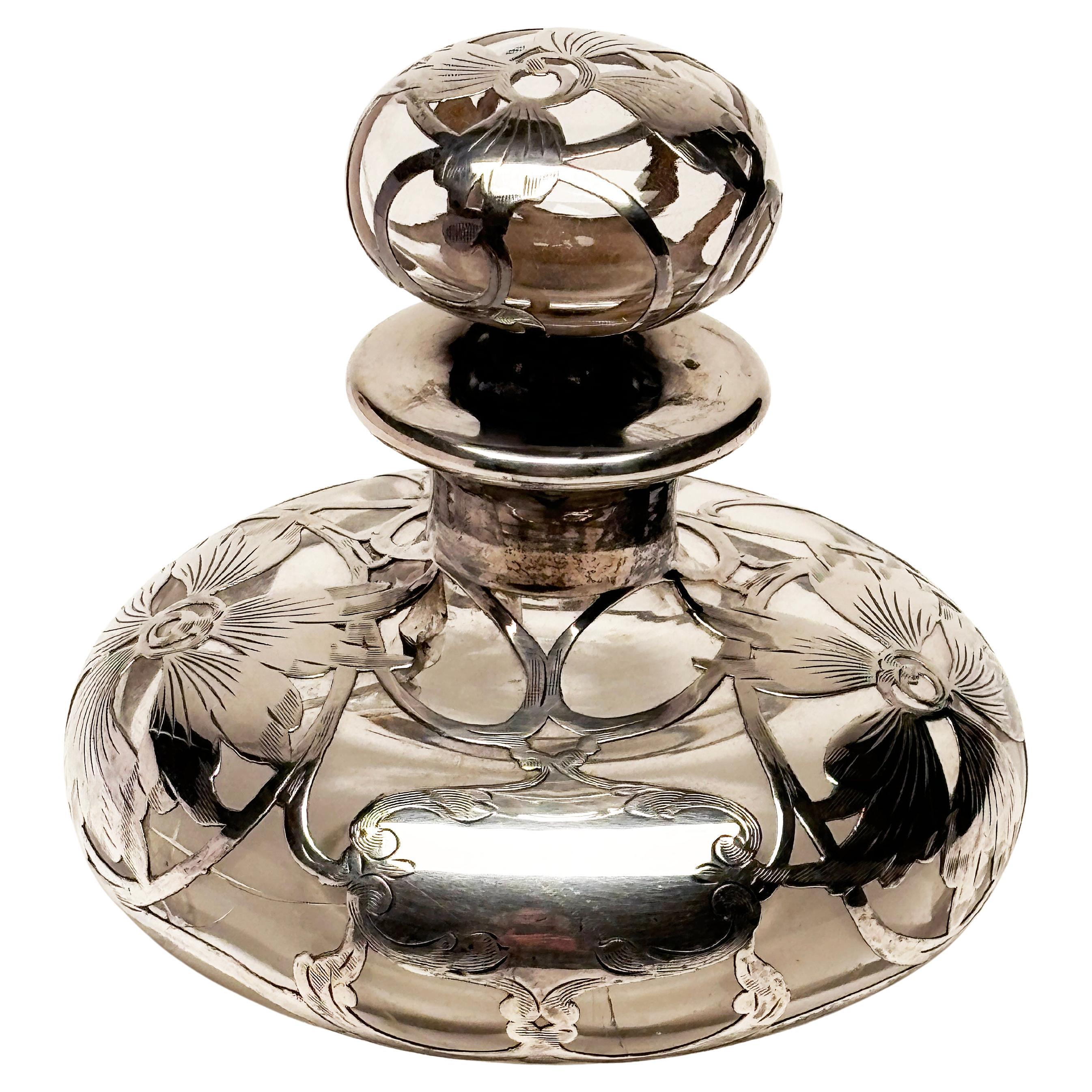Art Nouveau Perfume Bottle with Ornate Sterling Overlay c. 1890's