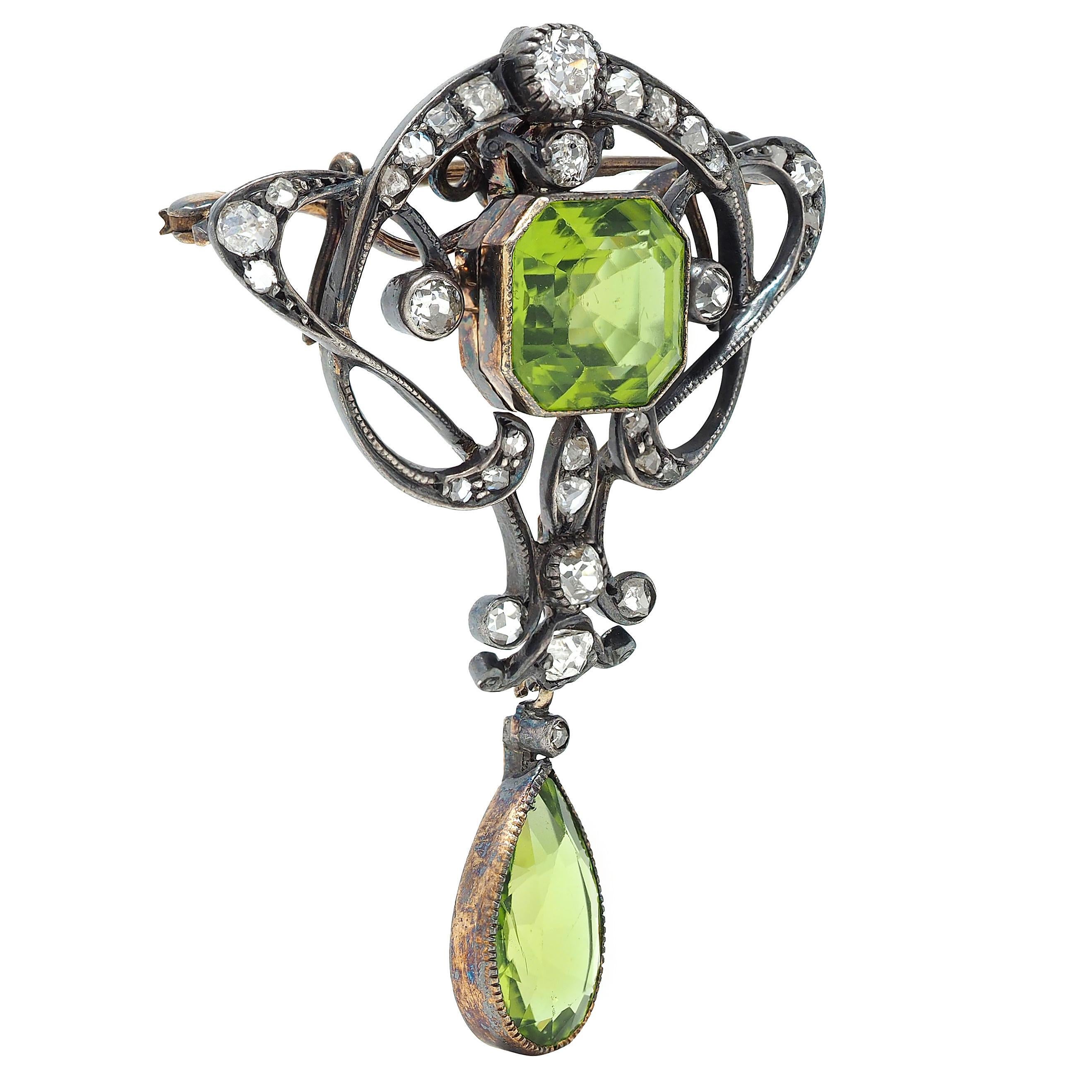 Emerald Cut Art Nouveau Peridot Diamond 14K Gold Silver Antique Whiplash Pendant Brooch For Sale