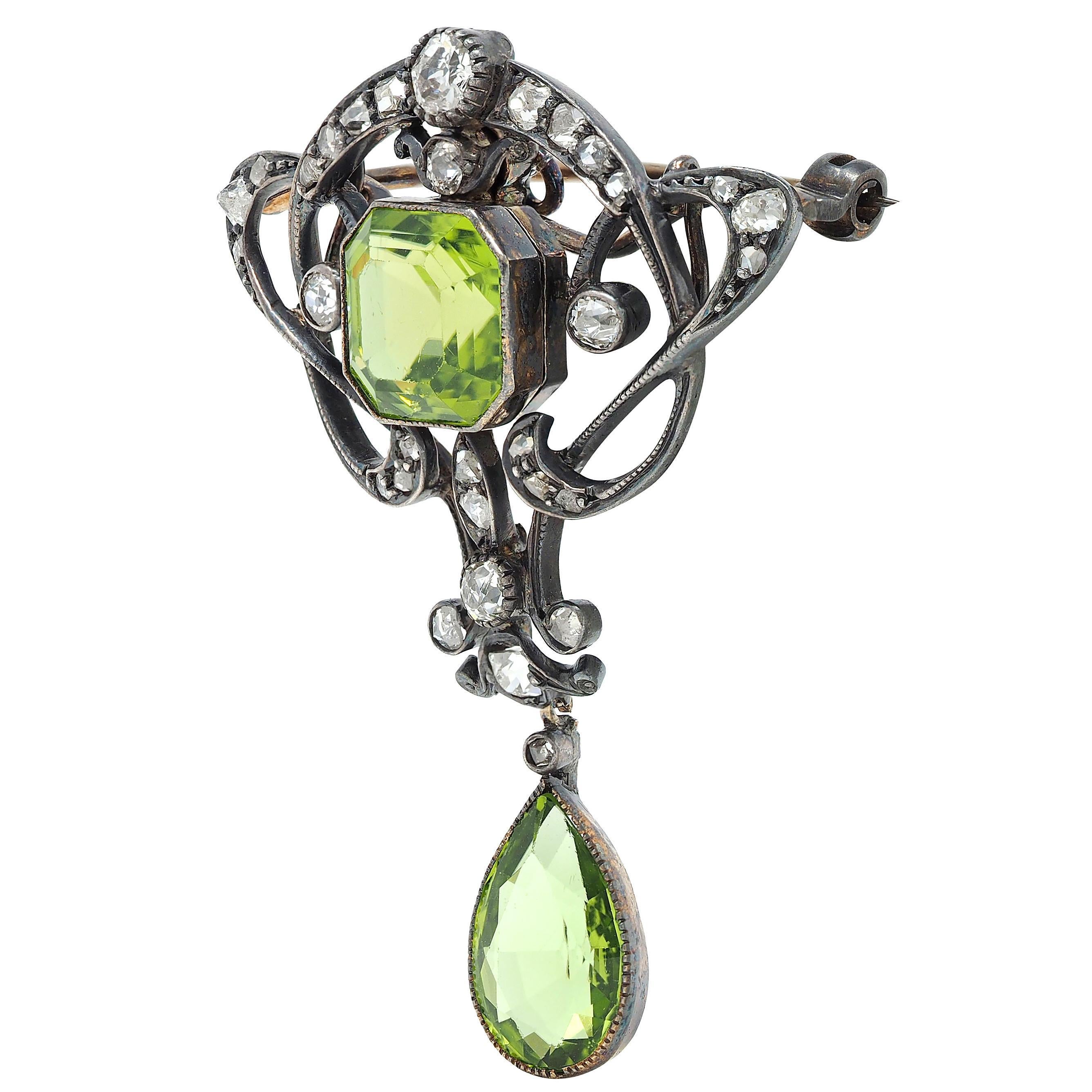 Women's Art Nouveau Peridot Diamond 14K Gold Silver Antique Whiplash Pendant Brooch For Sale