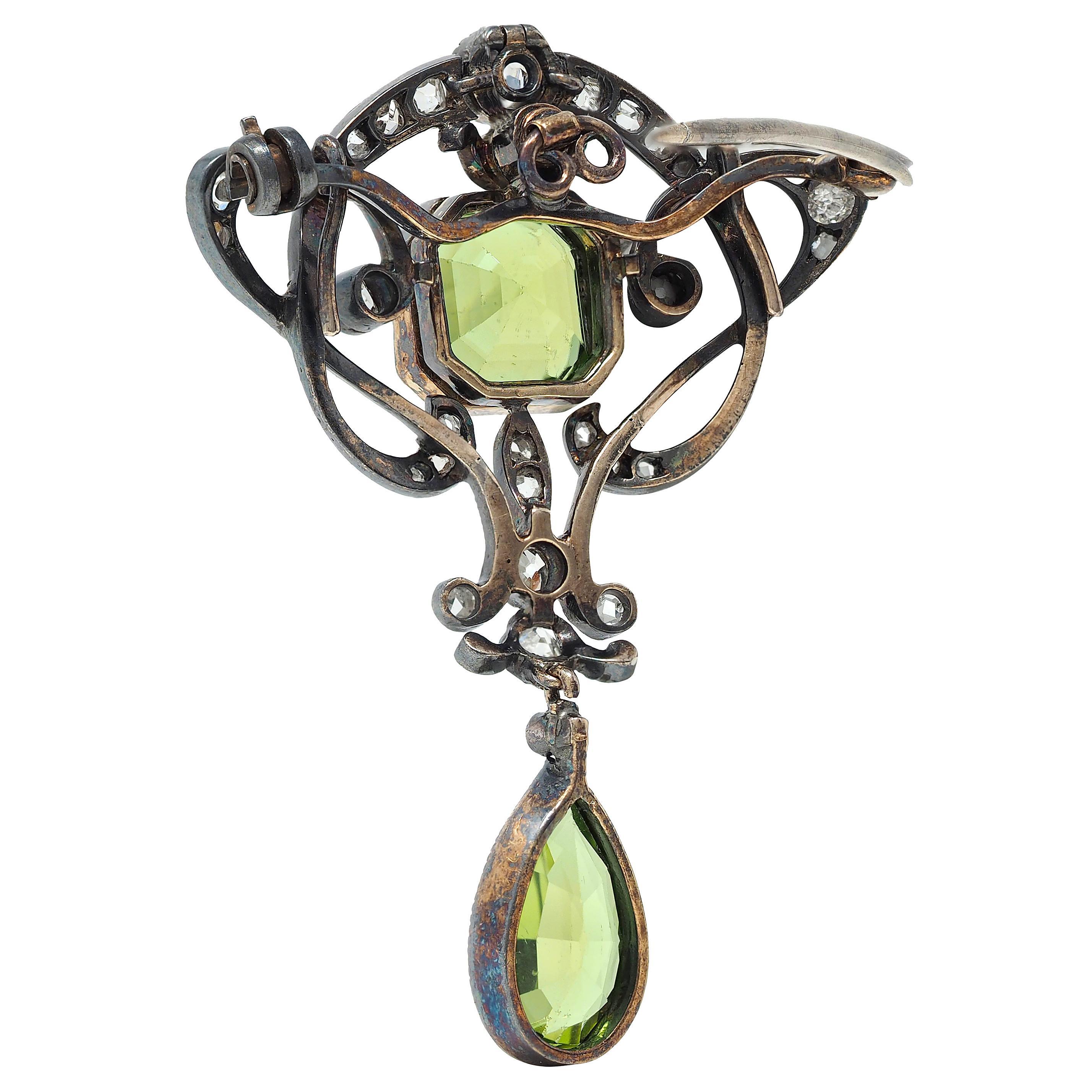 Art Nouveau Peridot Diamond 14K Gold Silver Antique Whiplash Pendant Brooch For Sale 1