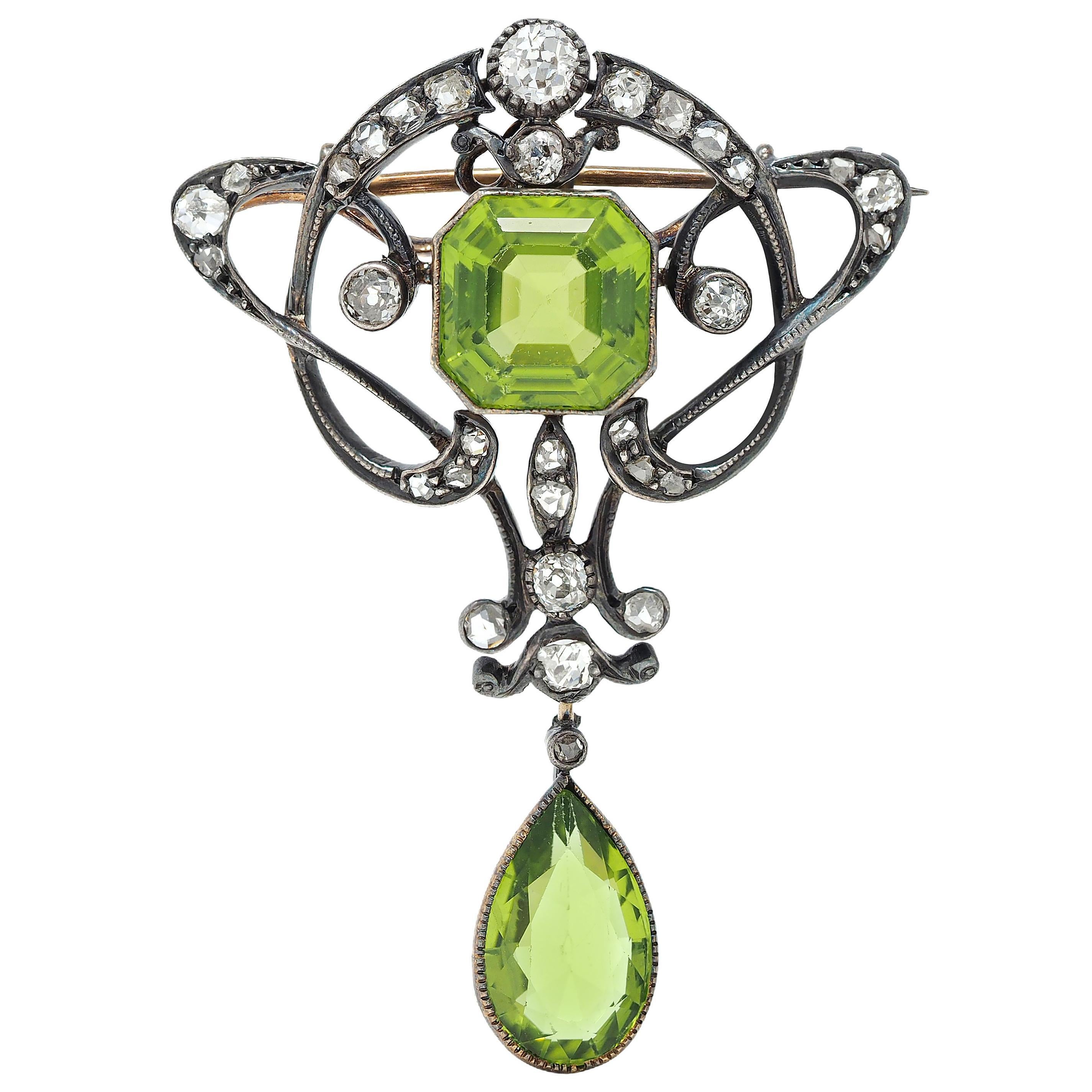 Art Nouveau Peridot Diamond 14K Gold Silver Antique Whiplash Pendant Brooch For Sale 2