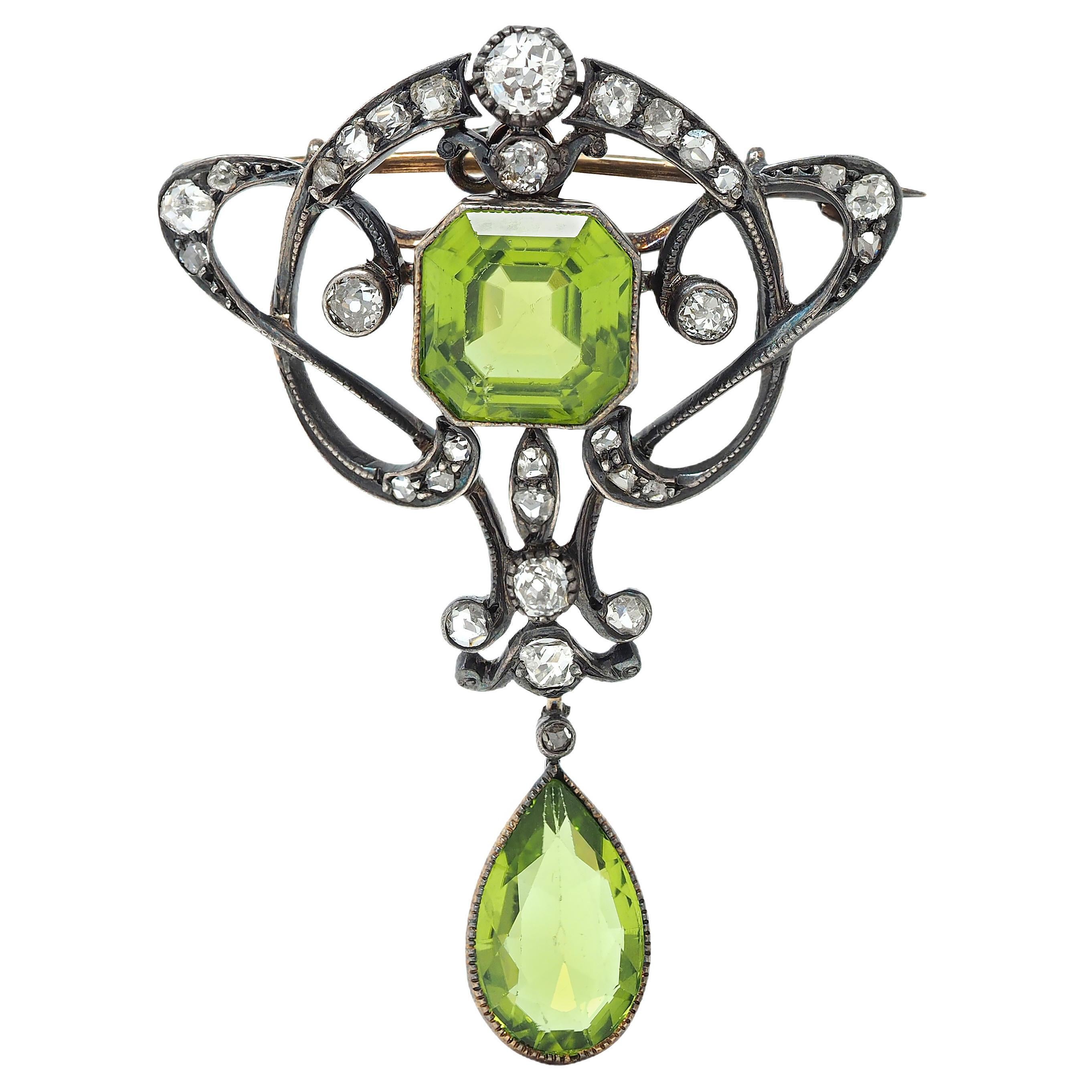 Art Nouveau Peridot Diamond 14K Gold Silver Antique Whiplash Pendant Brooch For Sale