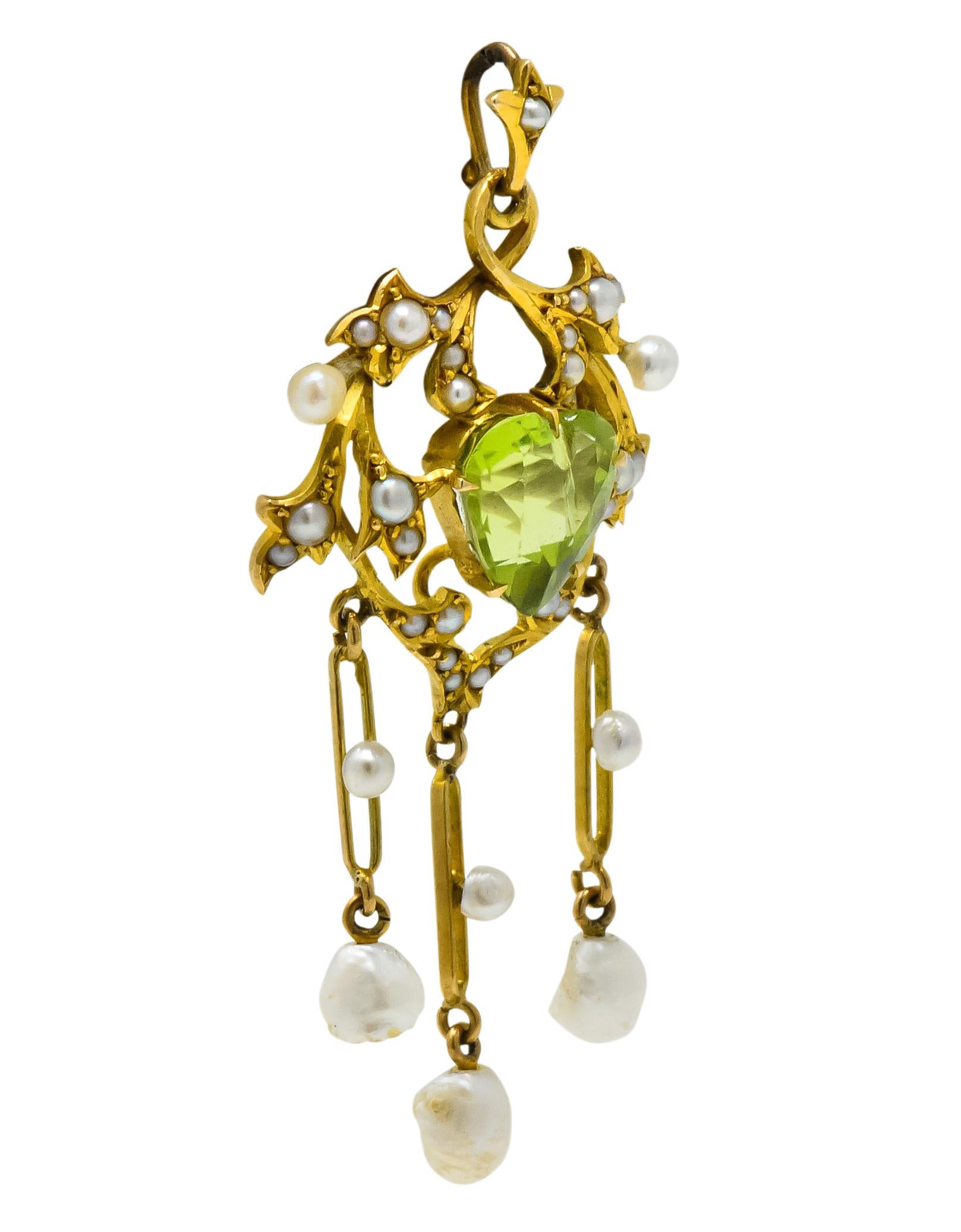 Art Nouveau Peridot Pearl 14 Karat Gold Drop Pendant In Excellent Condition In Philadelphia, PA